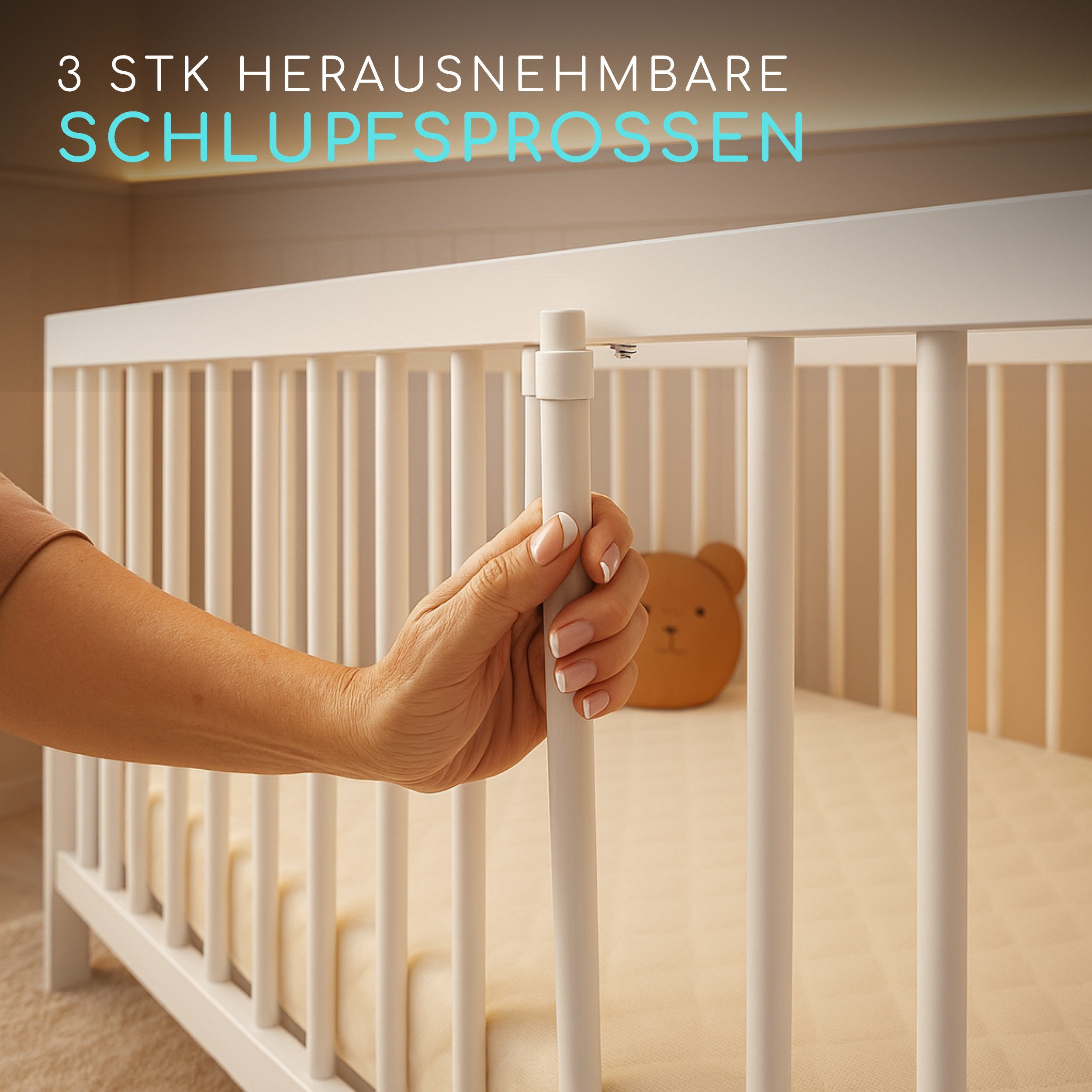 Alavya Home® Babybett TOBI I Das Beste für Kleine Babys I 9-fach höhenverstellbarer EN 716-1, Babybett 60x120 Weiß Gitterbett mit 3 Schlupfsprossen aus Buchenholz