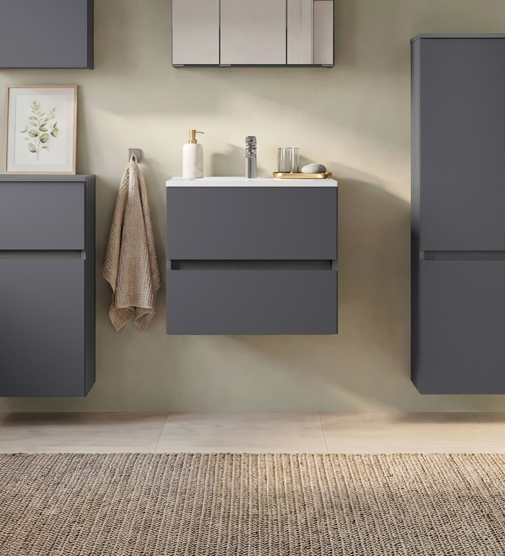 OTTO home Waschtisch BOZEN, 2 Auszüge inklusive Becken und Montagematerial (Badezimmerschrank, grifflos, einfache Montage, …