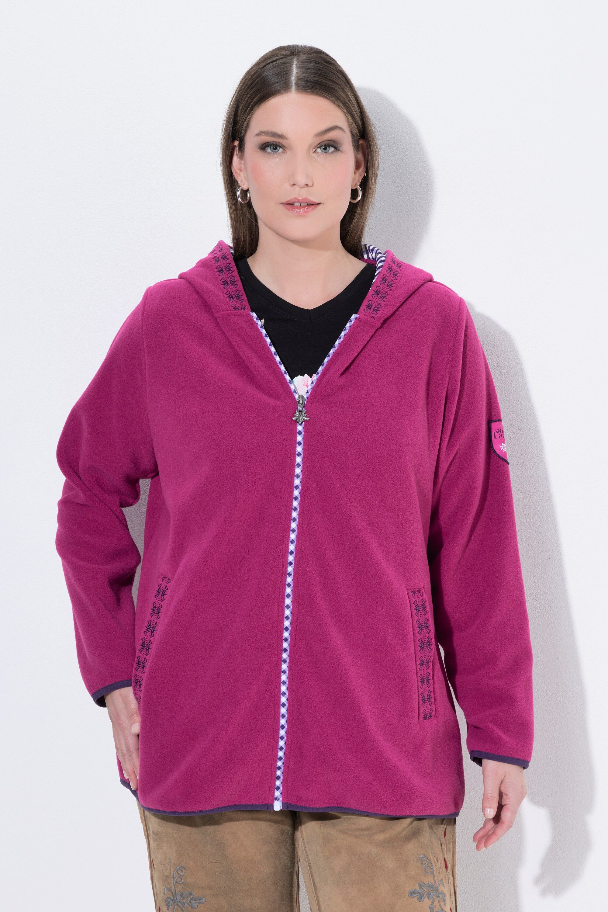 Ulla Popken Sweatjacke Trachten-Fleecejacke Kapuze Zierstickerei Langarm