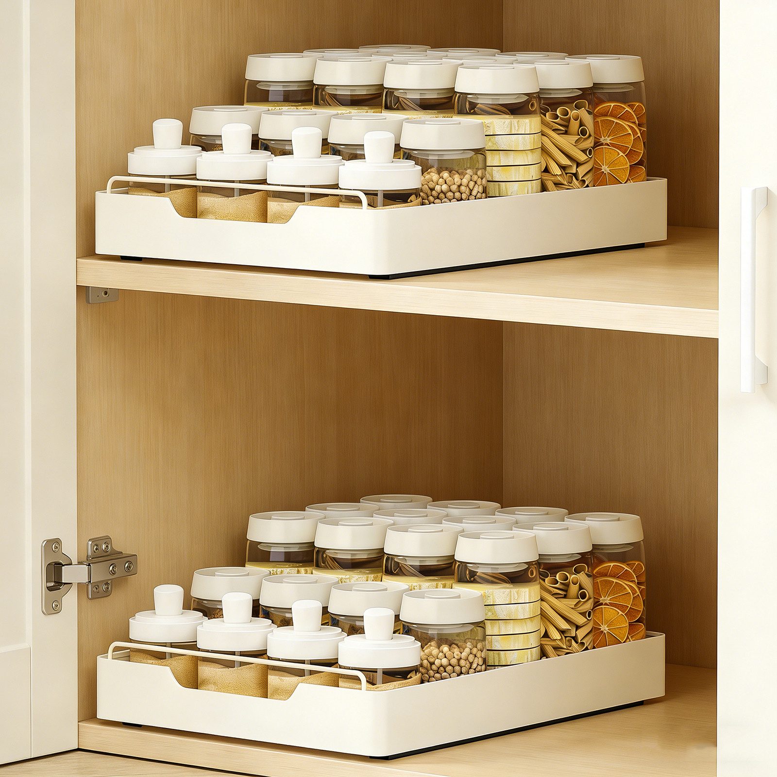 BlingBin Küchenorganizer-Set Teleskopschublade, Ausziehbare Schublade Küche Organizer Schrank, (2er Set, 2-tlg., 43L x 35B x 6H cm, Erweiterbar Küchenschublade mit Kleber), Schubladen-Aufbewahrungsregale für Küche, Ohne Bohren, Weiß