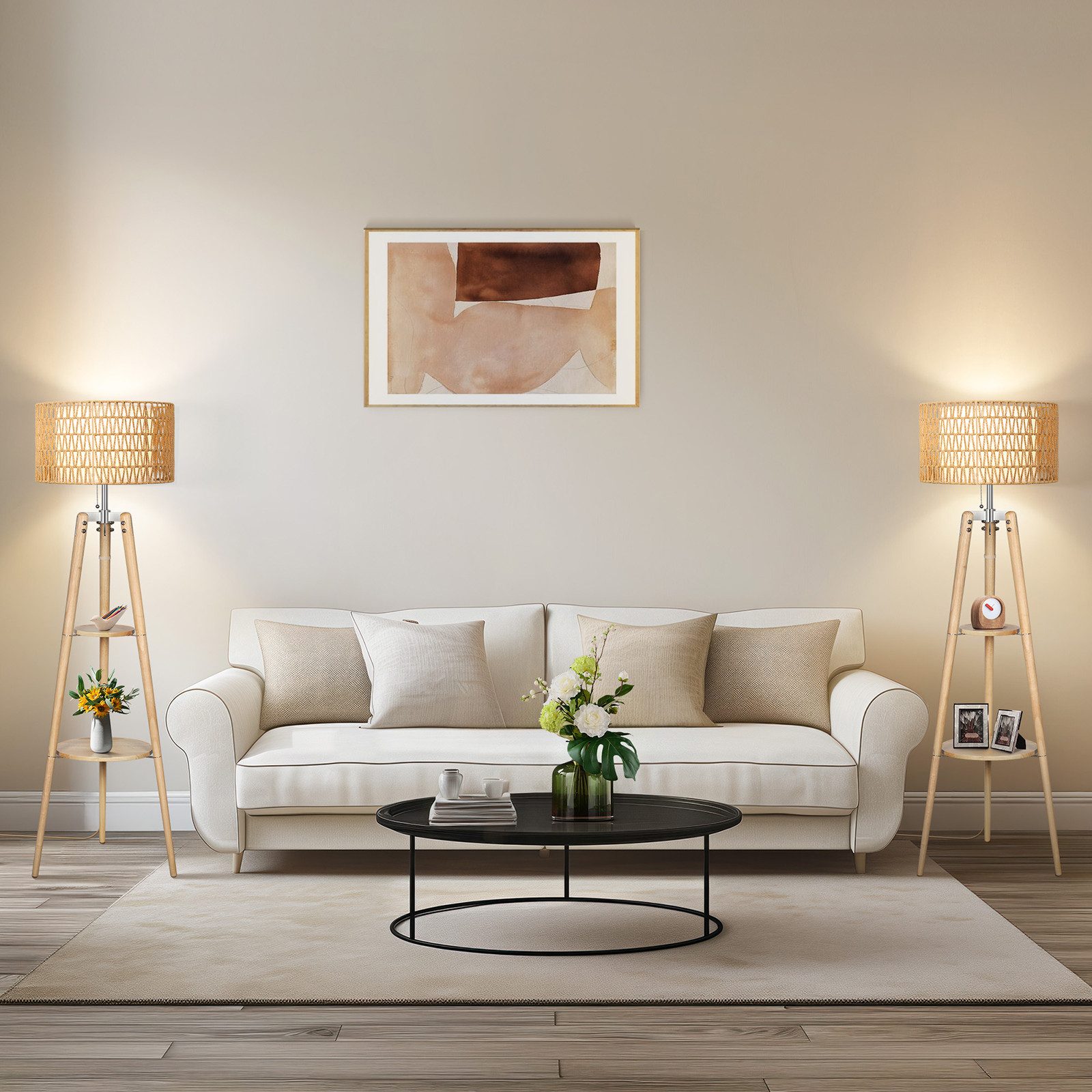 OUTON LED Stehlampe Stehlampe Dimmbar Rattan Akazienholz 2 Ablageflächen Fernbedienung, LED wechselbar, mit doppeltem Schirm und intelligentem Licht