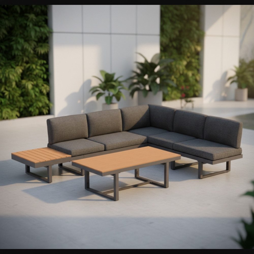 Mucola Garten-Essgruppe Gartenmöbel Set mit Liegefunktion Ecklounge Aluminium Sitzgruppe Grau, (wetterfest, resistent gegen Regen, Salzwasser und intensive Sonneneinstrahlung, Kissen inkl. Reißverschluss, daher abnehm- und waschbar), inkl. praktischem seitlichen Beistelltisch und Bodenschoner