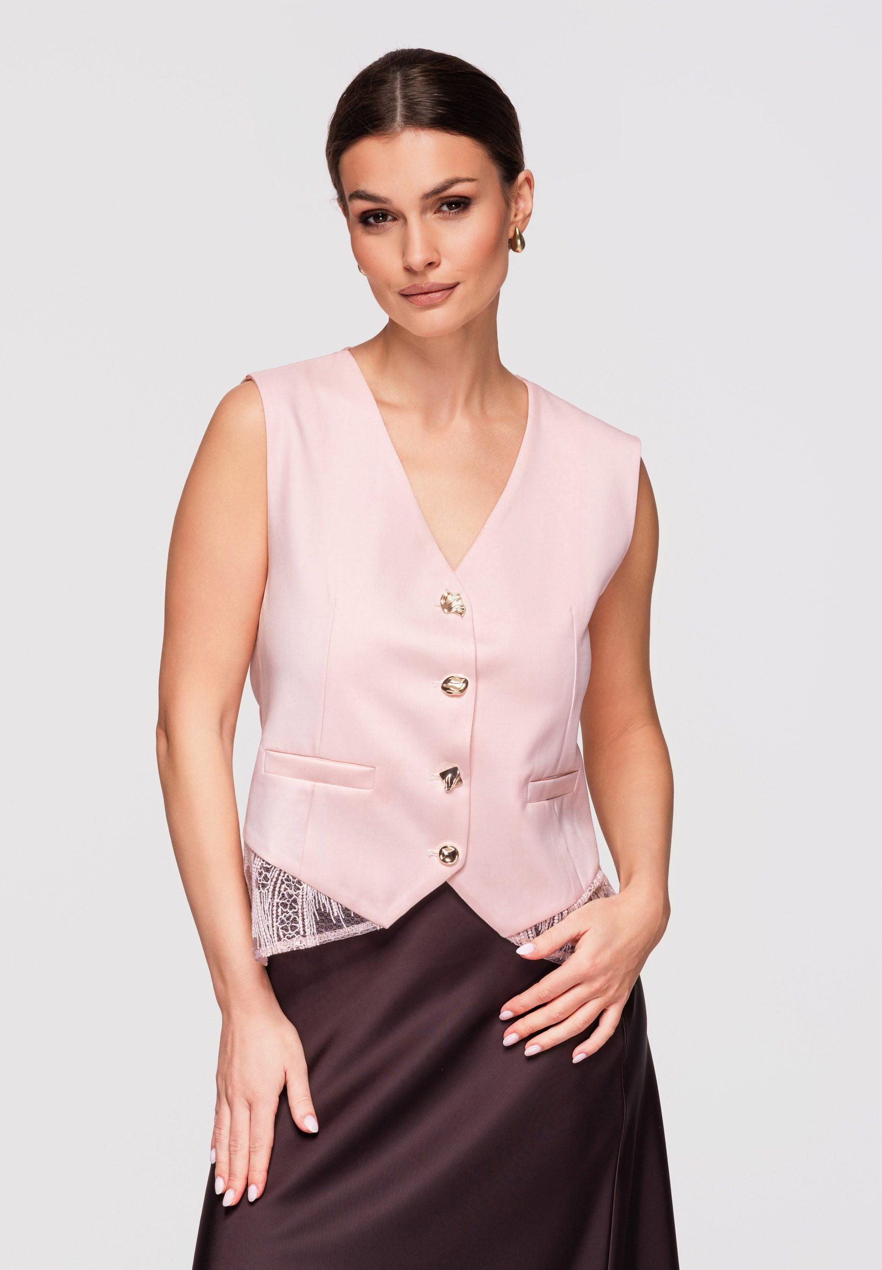 OMBRE Kurzweste Damen Asymmetrische Weste Elegant Modisch Rose M (kein Set, 1-tlg) Asymmetrischer Saum, transparente Spitze