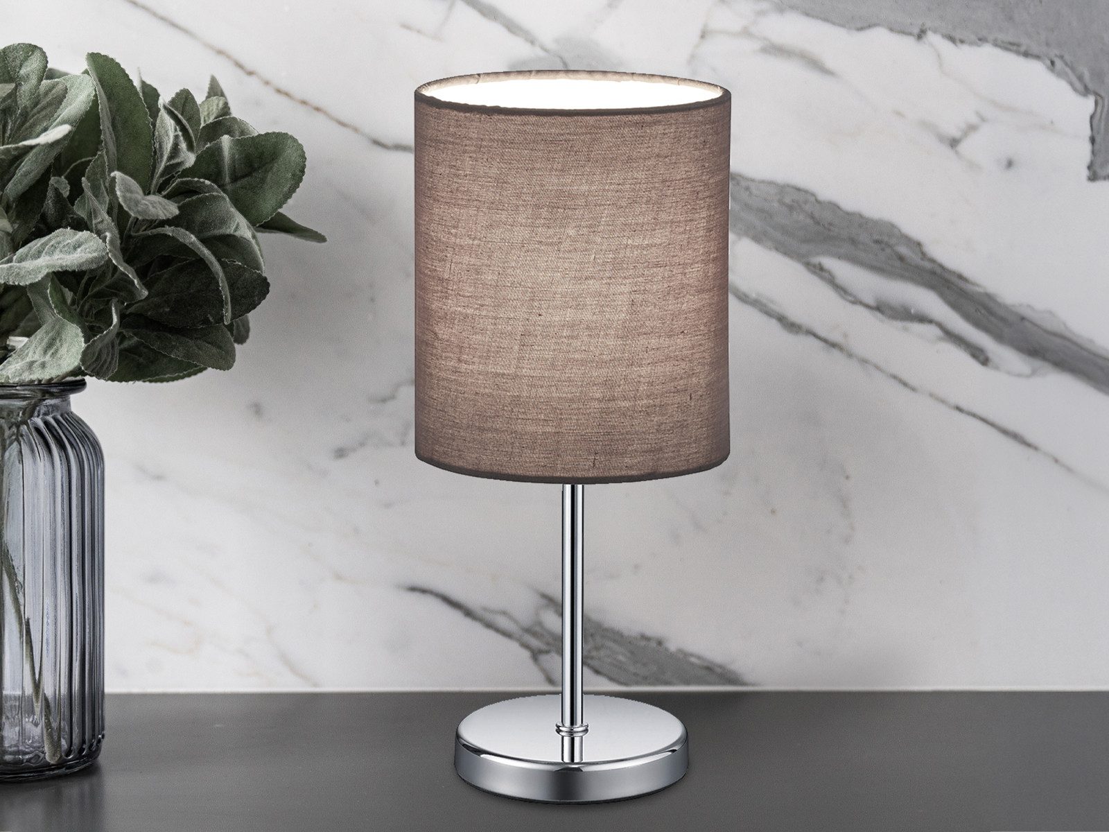 Reality Leuchten LED Nachttischlampe, Dimmfunktion, LED wechselbar, Warmweiß, kleine Designklassiker dimmbar, Fensterlampe Stoff Lampenschirm Grau