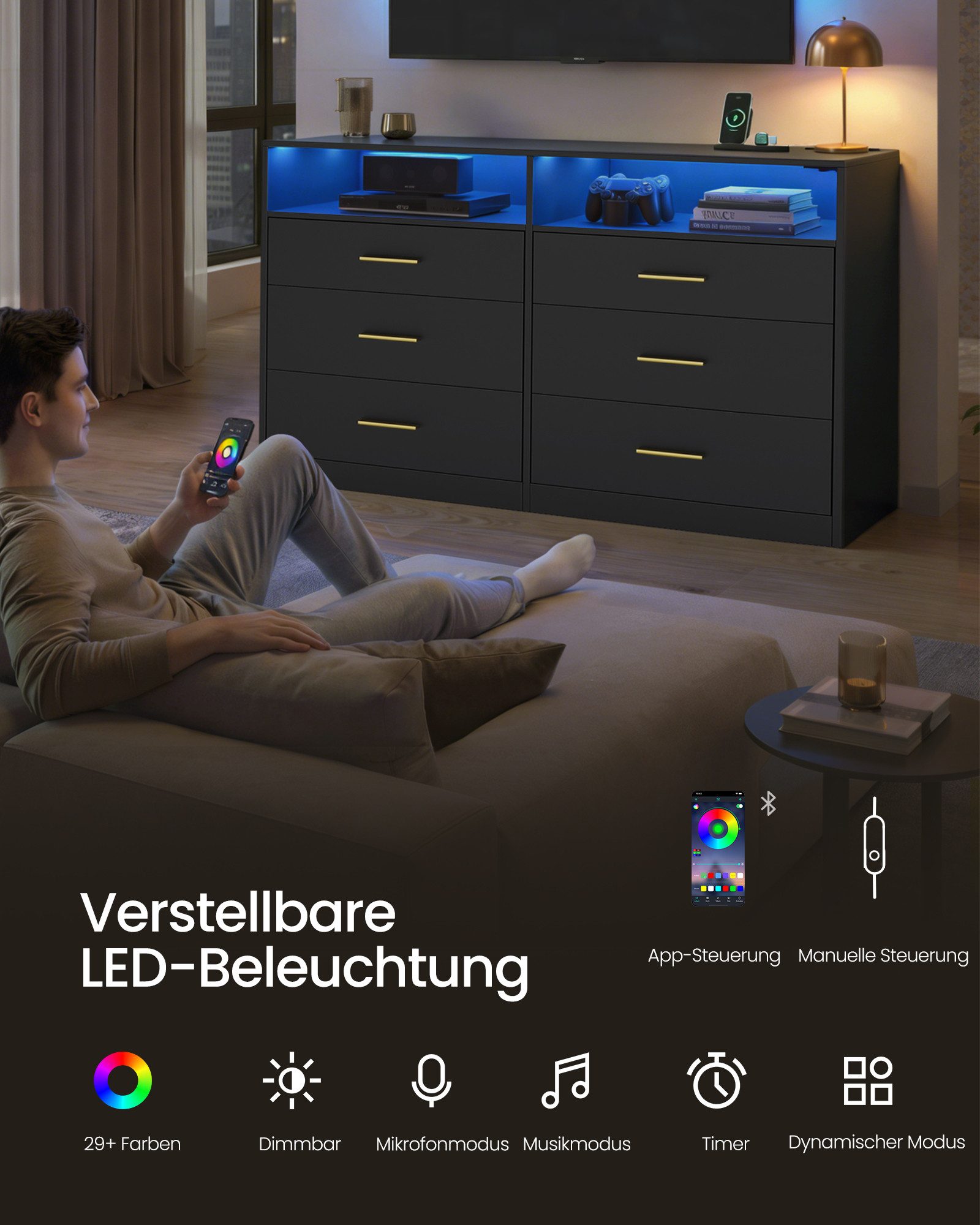 VASAGLE Kommode Kommodenschrank mit LED-Beleuchtung und Steckdosenleiste, 6 Schubladen, 40 x 119 x 81,2 cm, Wohnzimmer, Schlafzimmer, modern – Bild 3 von 5