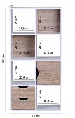 Wohnling Standregal WL1.429, 60 x 120 x 29 cm Weiß / Sonoma Eiche, Bücherregal, Flurregal mit Schubladen und Tür, Regal Modern