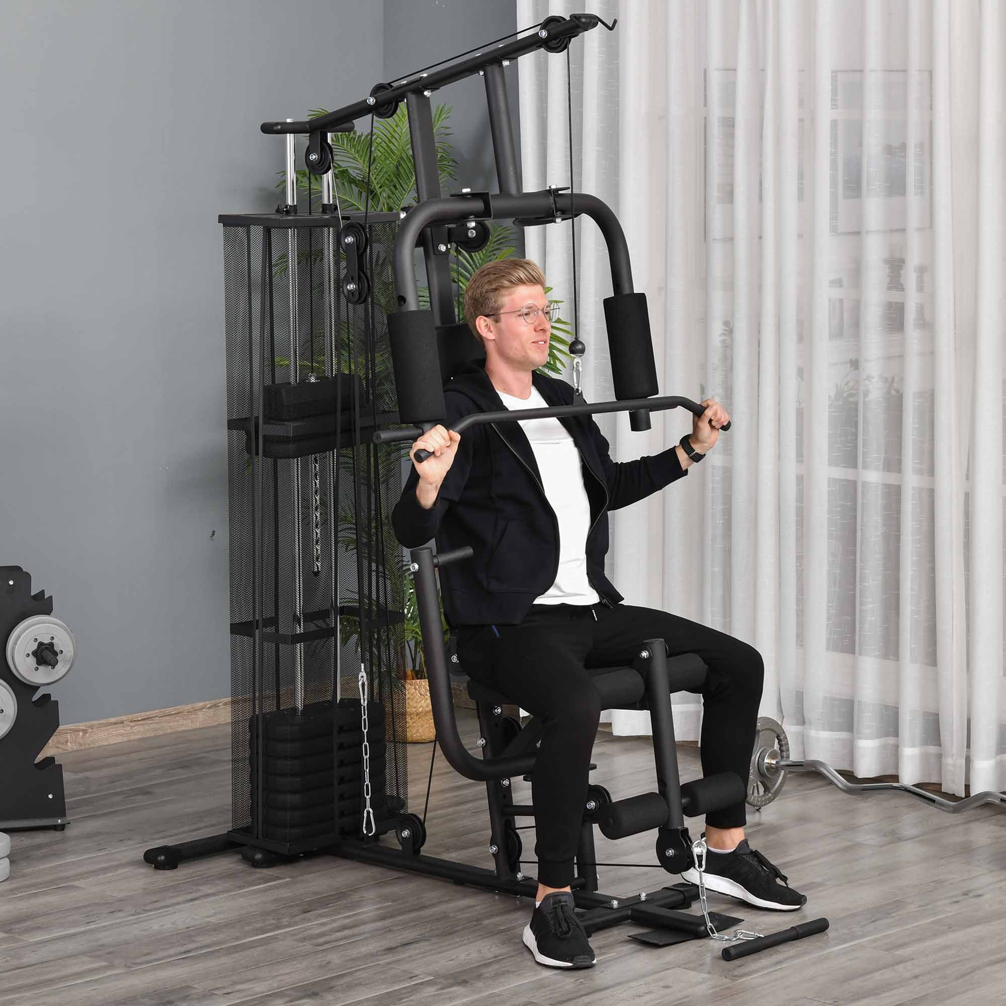 HOMCOM Kraftstation Fitnessstation Multigym Fitnesscenter Fitnessgerät, 10 Gewichtsblöcke (Beincurl, 1-tlg., Latzug), 150cm x 110cm x 210cm