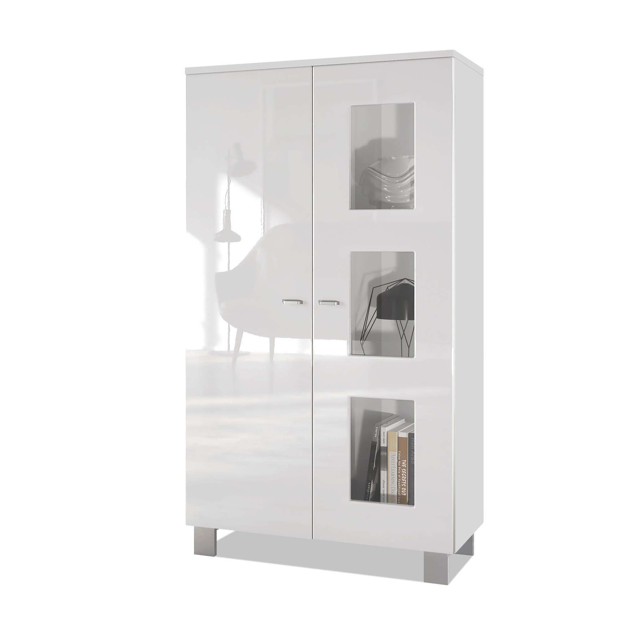 Vladon Standvitrine Denjo (Standvitrine, mit 2 Türen und 3 Glaseinsätzen) Weiß matt/ Weiß Hochglanz (71 x 129 x 35 cm) Tür in Weiß Hochglanz