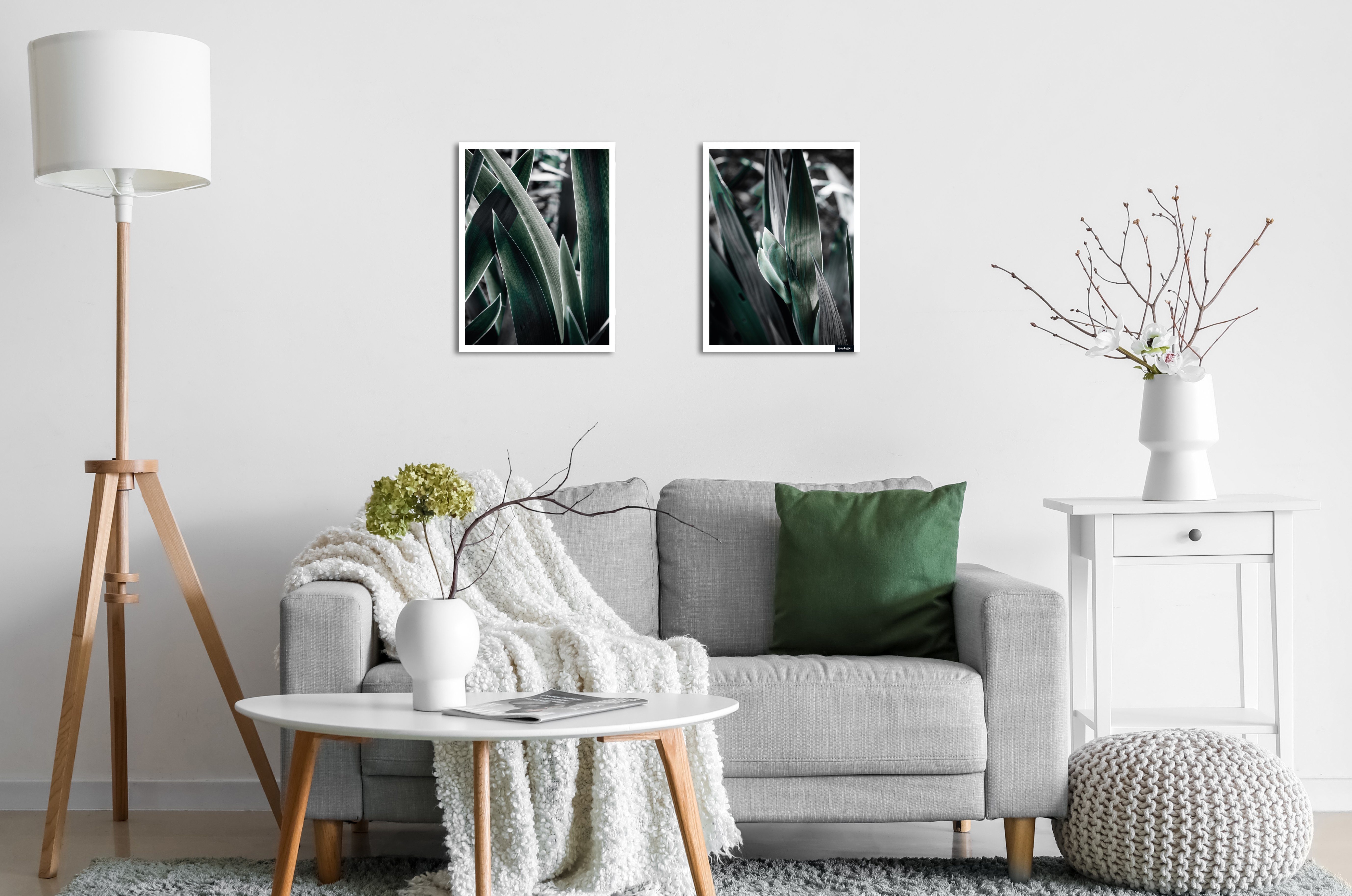 Bruno Banani Bild mit Rahmen Blätter - Gerahmter Digitaldruck - Wandbild, Blumen, Blumenbilder, Blätter, Kunst, Modern (1 St), 2x 30x40 cm - Holzrahmen - Dekoration - Weißer Rahmen
