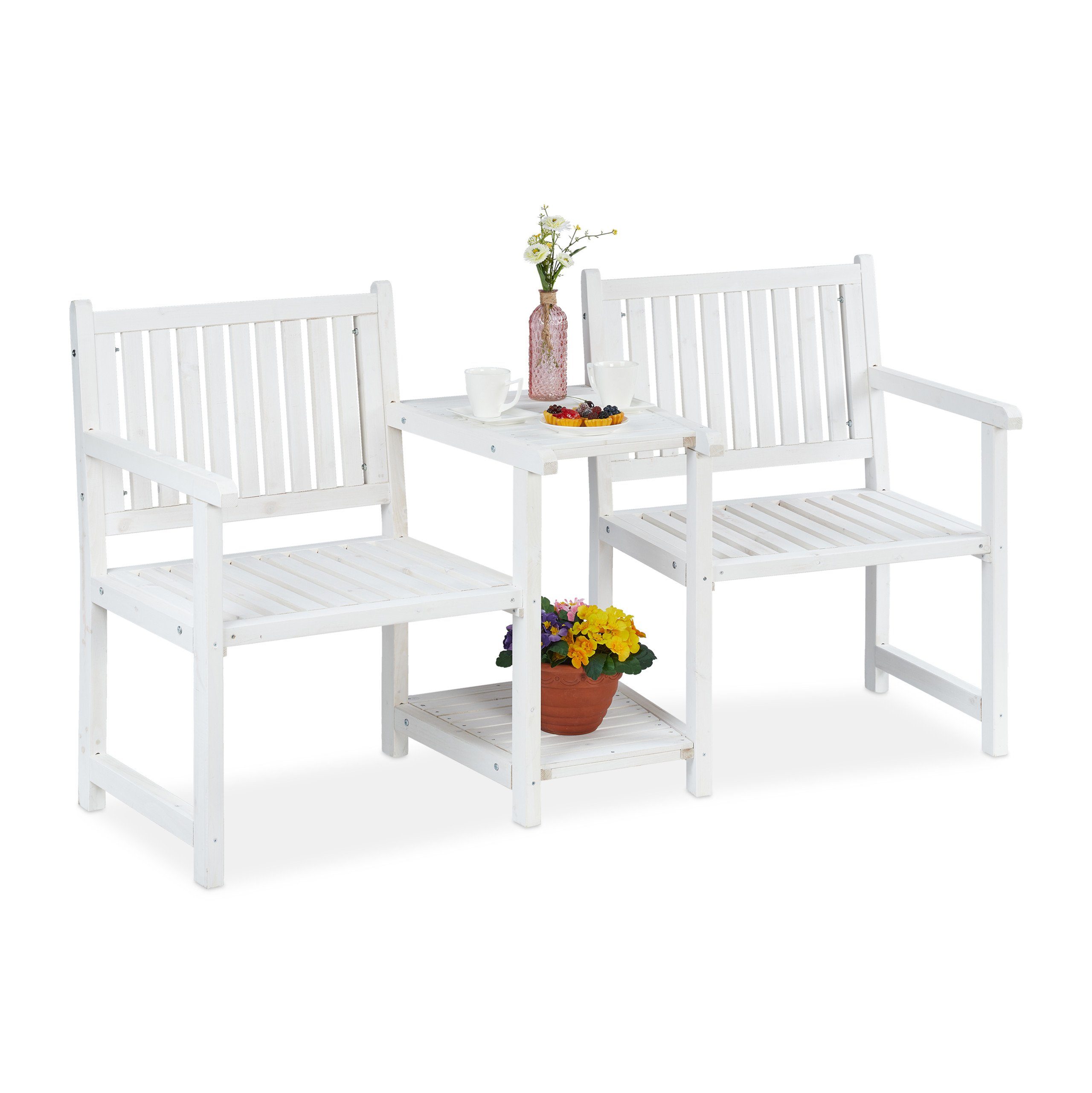 relaxdays Gartenbank Gartenbank mit Tisch weiß