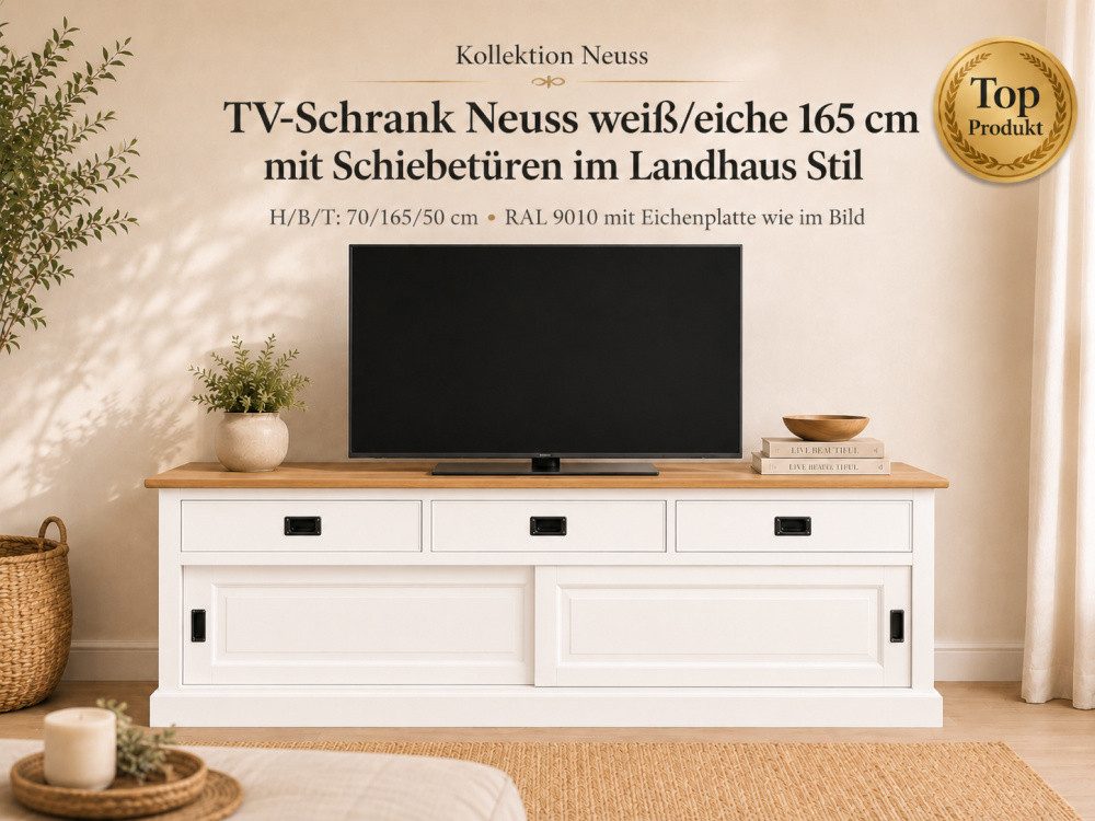 Wohnpalast TV-Board TV Board Neuss 165 cm weiß/eiche - Lowboard mit Schiebetüren
