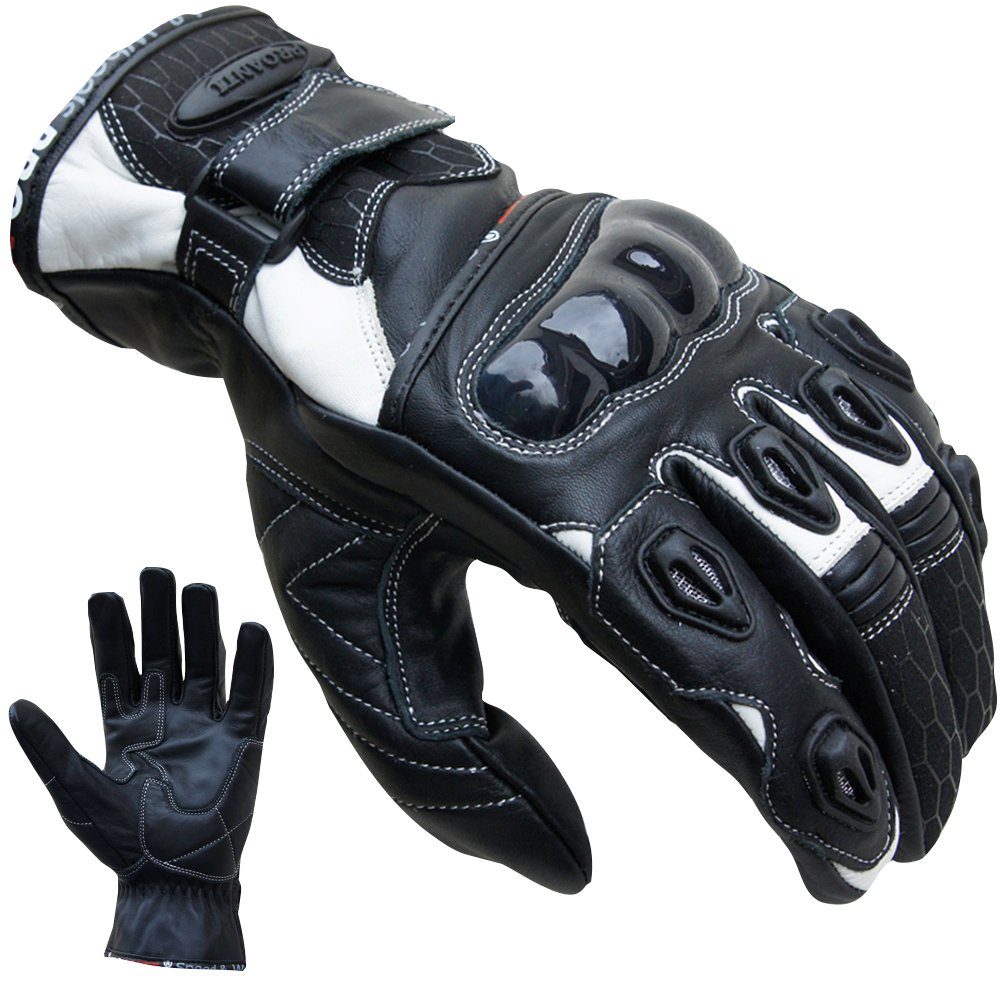 PROANTI Motorradhandschuhe aus Leder, kurz geschnitten weiß-schwarz | Motorradhandschuhe
