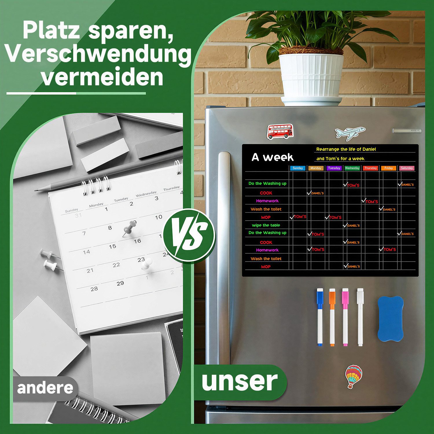 MOPUEA Magnettafel Kreidetafel Kombitafel Pinnwand & Magnettafel Magnetboard, (Set, Übersichtliche Planung), Wiederverwendbar & Leicht Abwischbar