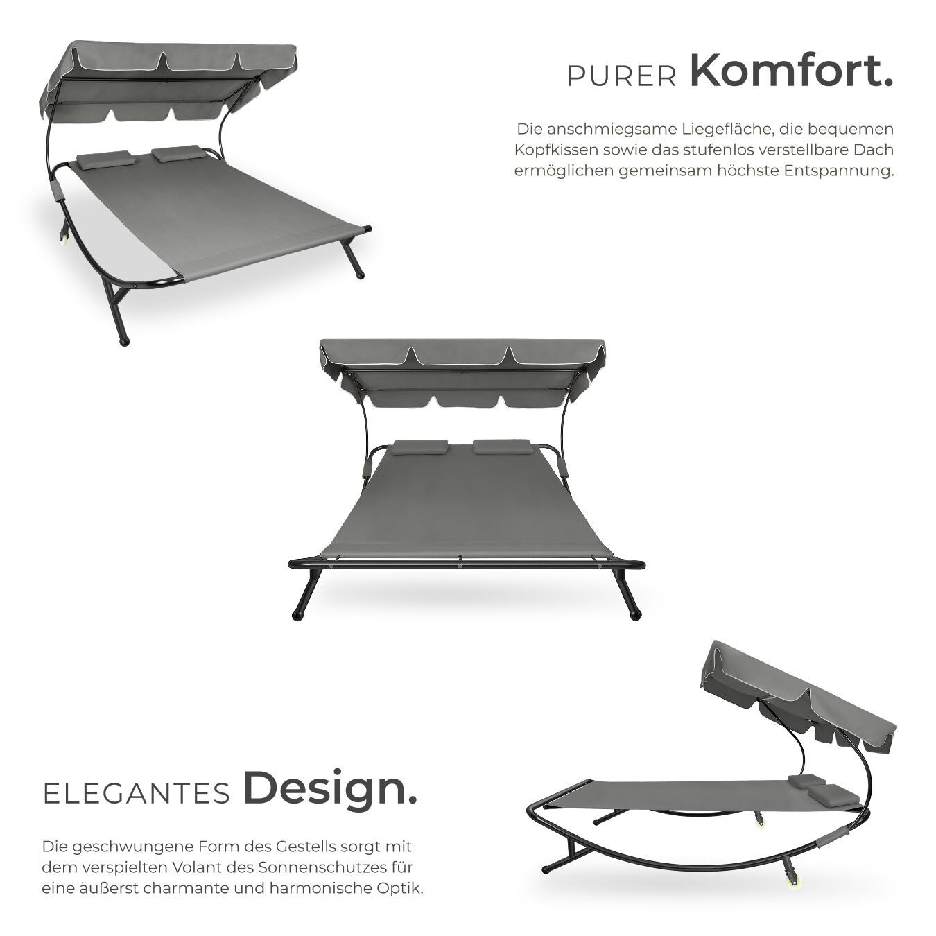 tectake Gartenliege Doppelliege für 2 Personen mit verstellbarem Sonnendach und Rollen, Outdoorliege Livorno, 1 St., in Schwarz/grau, widerstandsfähig, UV-beständig, Inkl. Kopfpolster