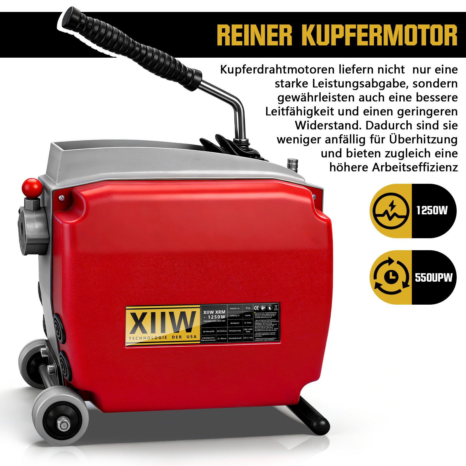 XERSEK Rohrreinigungsmaschine 1250W Rohrreinigungsspirale mit Rollen Abflussreiniger Rohrreiniger, 550 U/min, (Stark Rohrreinigungsgerät - Manganstahl Spirale, 5 Typen Schneidköpfe), Ergonomisches Design - Rohrreinigung/-entstopfung von Rohren Ø20–200mm