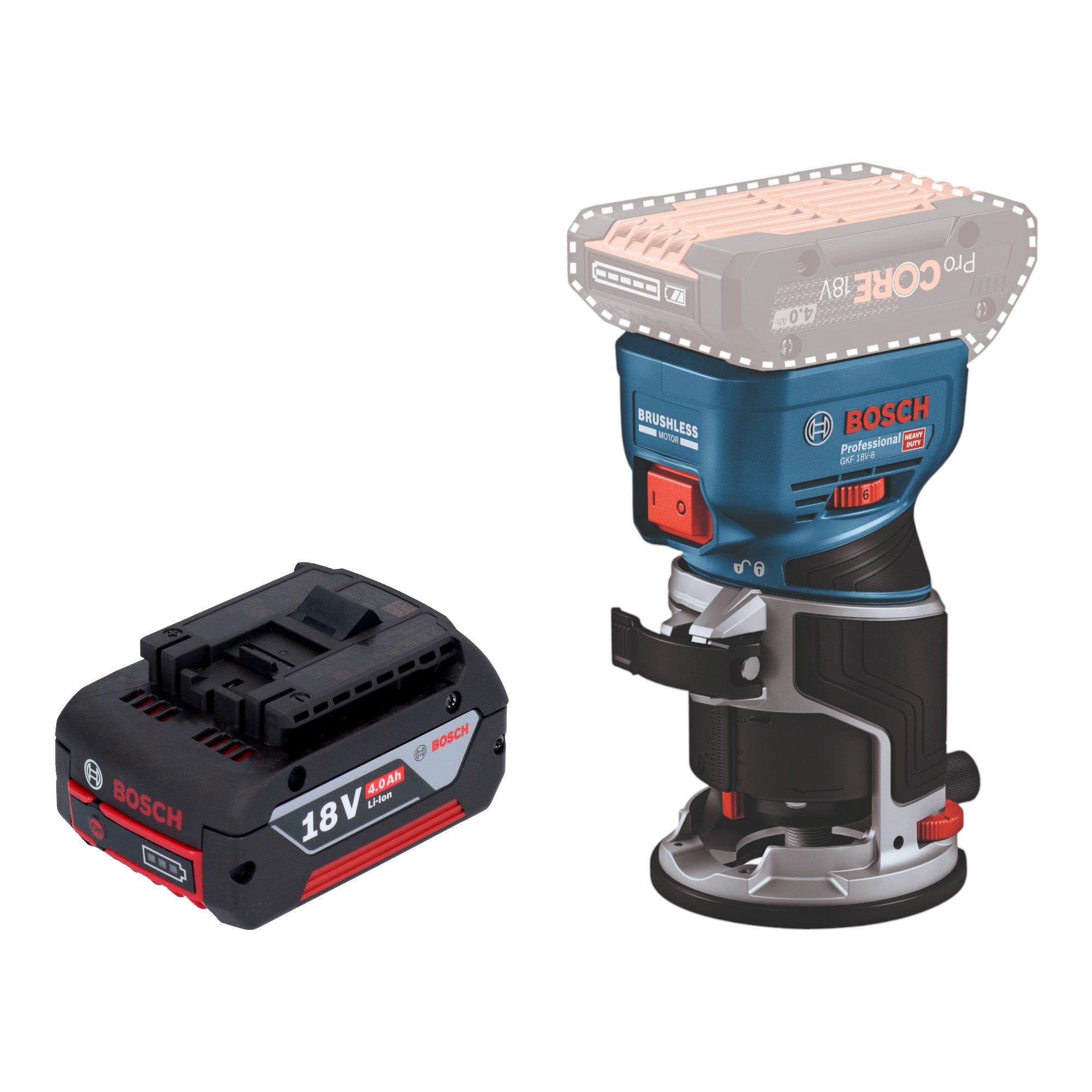 Bosch Professional Oberfräse GKF 18V-8 Professional 18 V 8,0 mm + 1x Akku 4,0 Ah - ohne Ladegerät