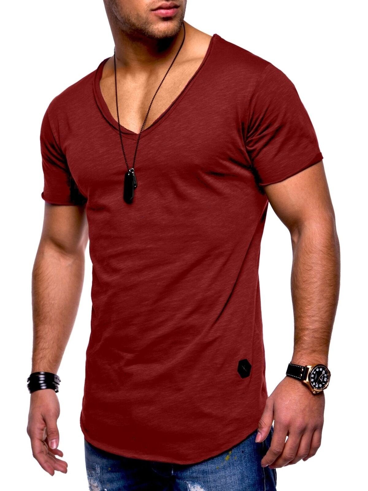 behype T-Shirt NUKE (1-tlg) mit V-Ausschnitt weinrot