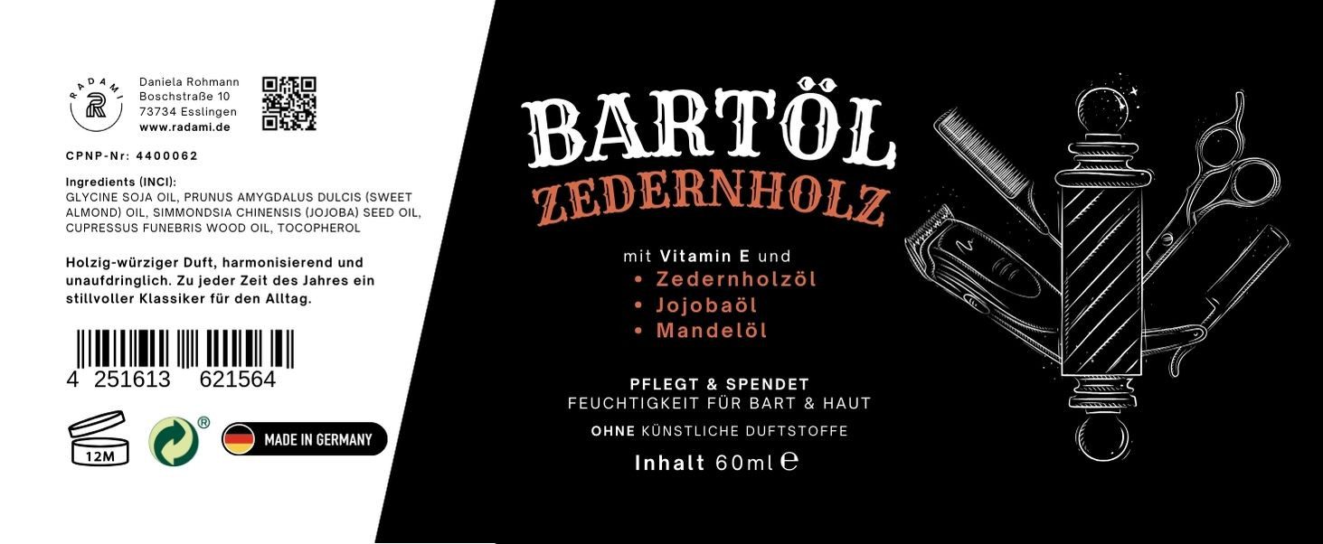 Radami Bartöl Bartöl Zedernholz 60 ml Bartpflege mit Jojobaöl und Mandelöl
