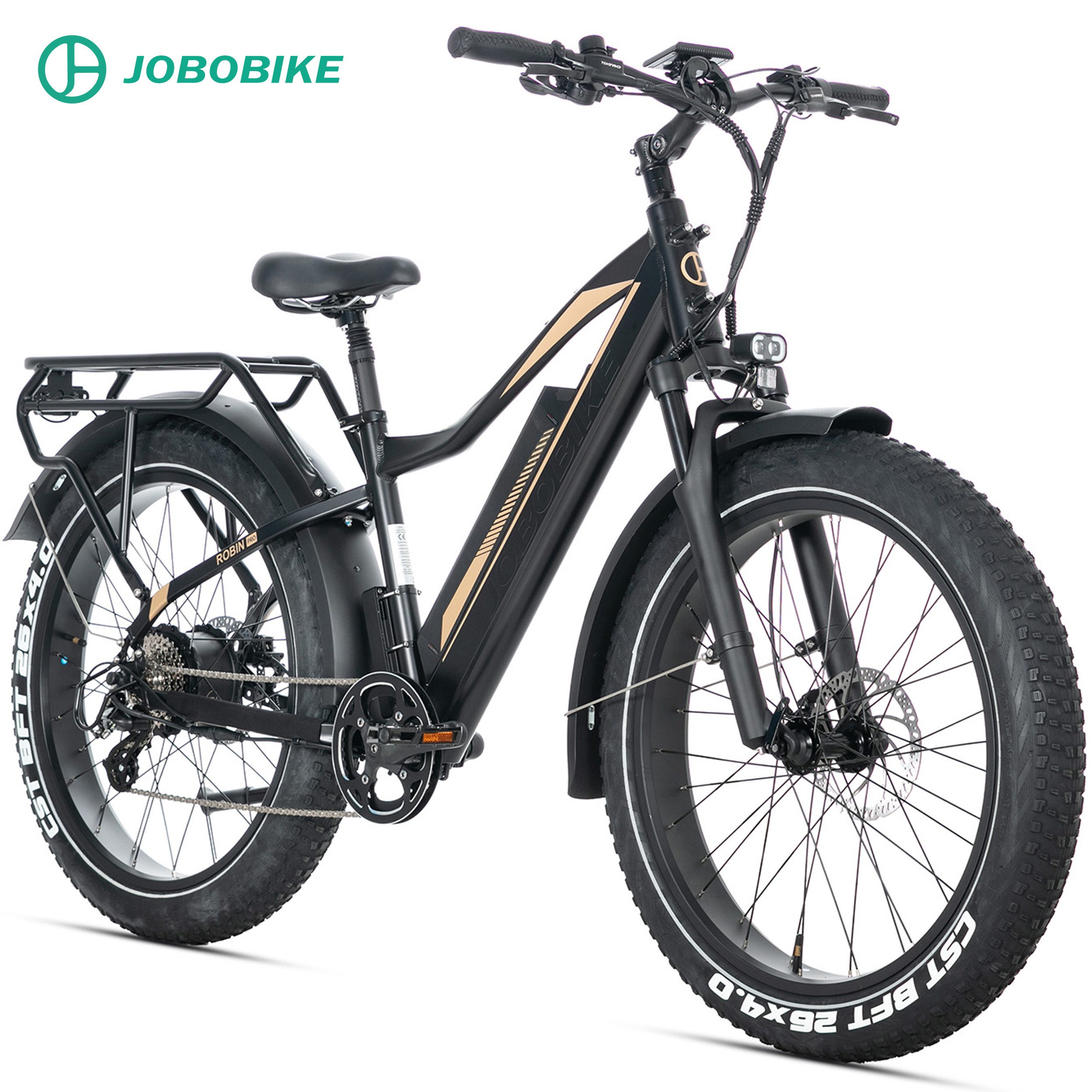JOBOBIKE E-Bike Mountainbike 26 Zoll, 180km, 80 Nm, Vollfederung + gefederte Sattelstütze, 5 Stufen, 8 Gang Shimano, Kettenschaltung, Heckmotor, 960 Wh, mit Bremslicht, Robin Pro, Elektrofahrrad für Damen und Herren