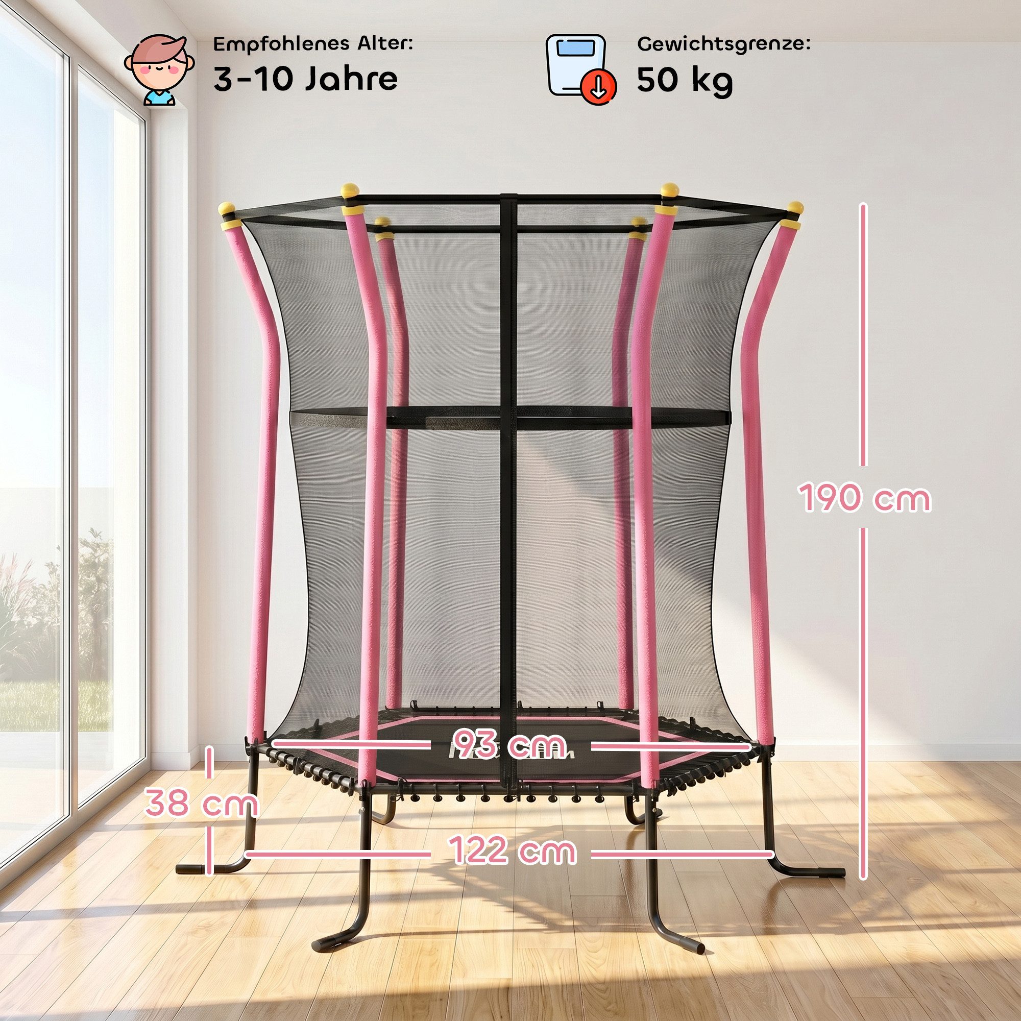 HOMCOM Kindertrampolin Trampolin, Federfreie Gartentrampolin mit Sicherheitsnetz, Ø 111 cm, (Indoor Trampolin, 1 tlg., Trampolin), für Kinder 3-10 Jahre, bis 50 kg belastbar, Rosa
