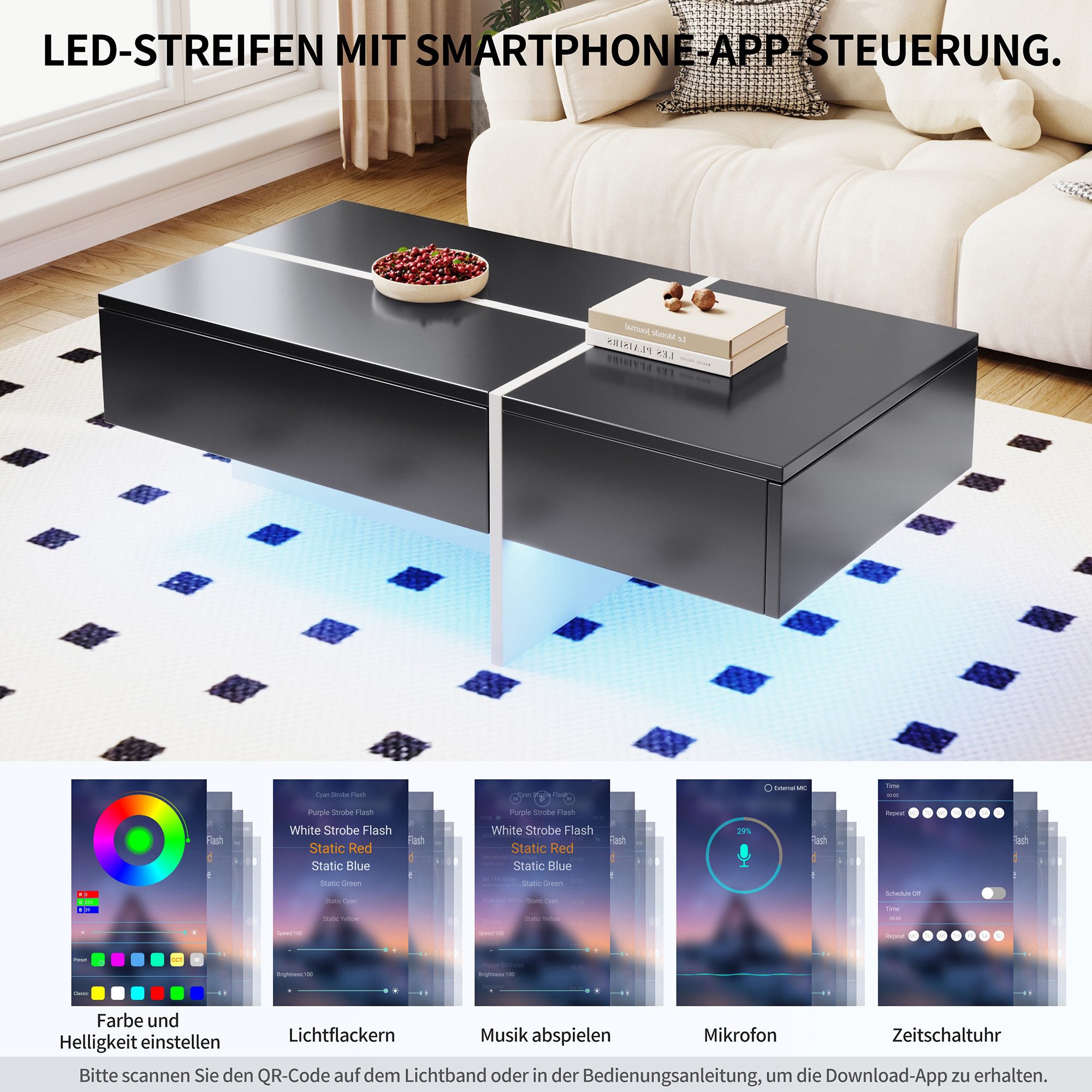 Furnishings Home Couchtisch Beistelltisch LED Ablagetisch Breite 100 cm (Hochglänzender quadratischer, 100x50x34.5 cm), Mit 2 Schubladen und 16-farbigen variabl – Bild 4 von 5