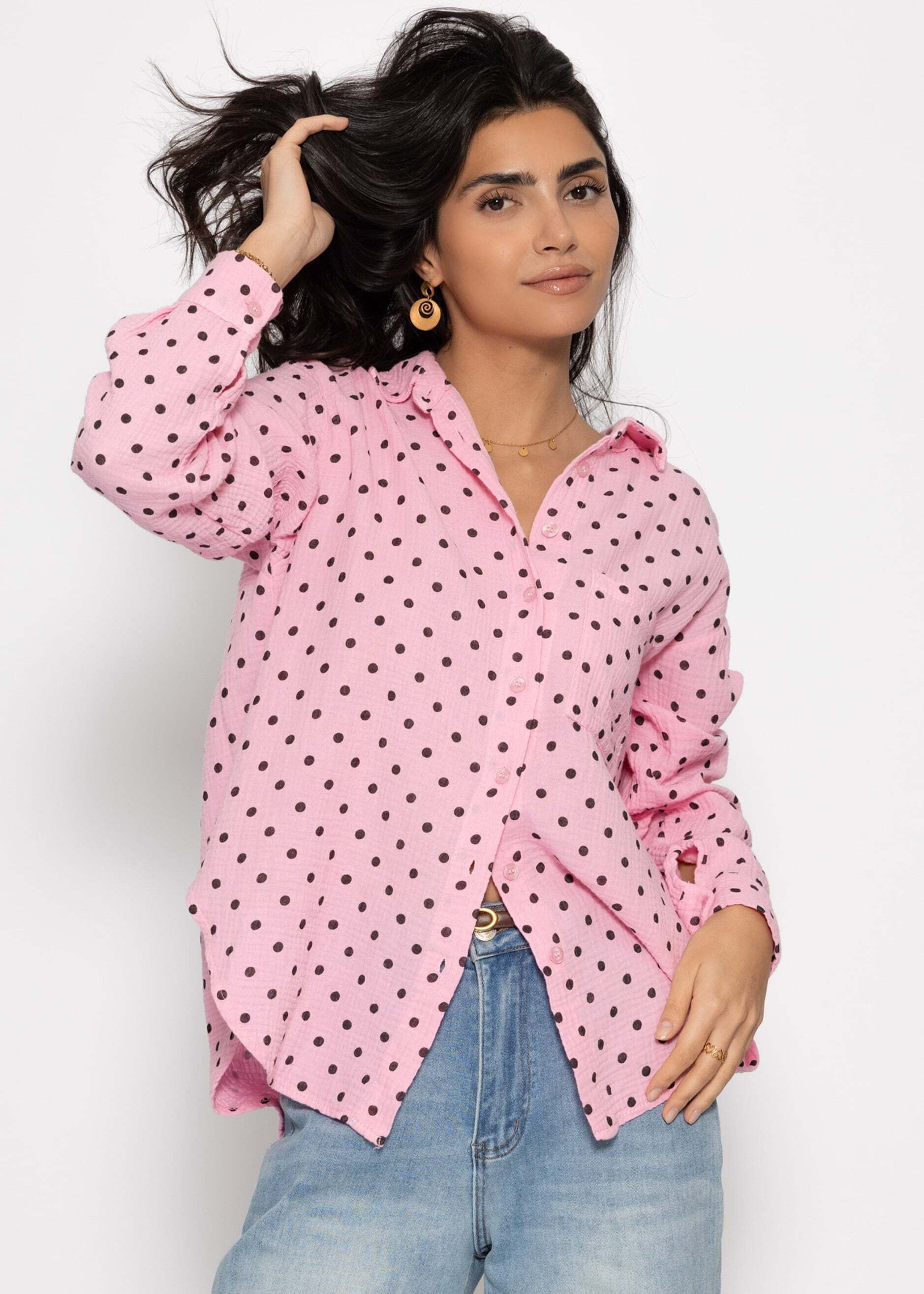SASSYCLASSY Longbluse Oversize Musselin Bluse mit Punkten für Damen Leichte Bluse aus Baumwolle mit V-Ausschnitt und Brusttasche