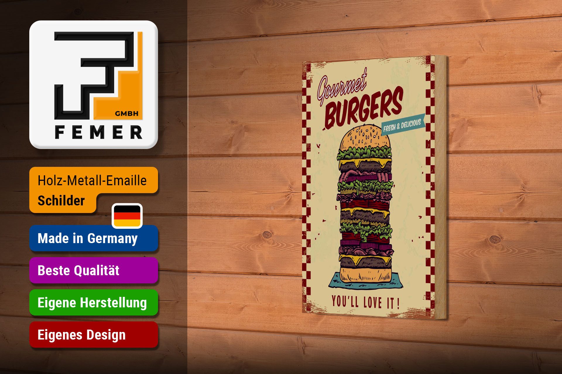 Femer GmbH Holzbild Reklame 12x18 cm Gourmet Burgers, (1 St), Glatte Holzfaserplatte (MDF), vorn beschichtet