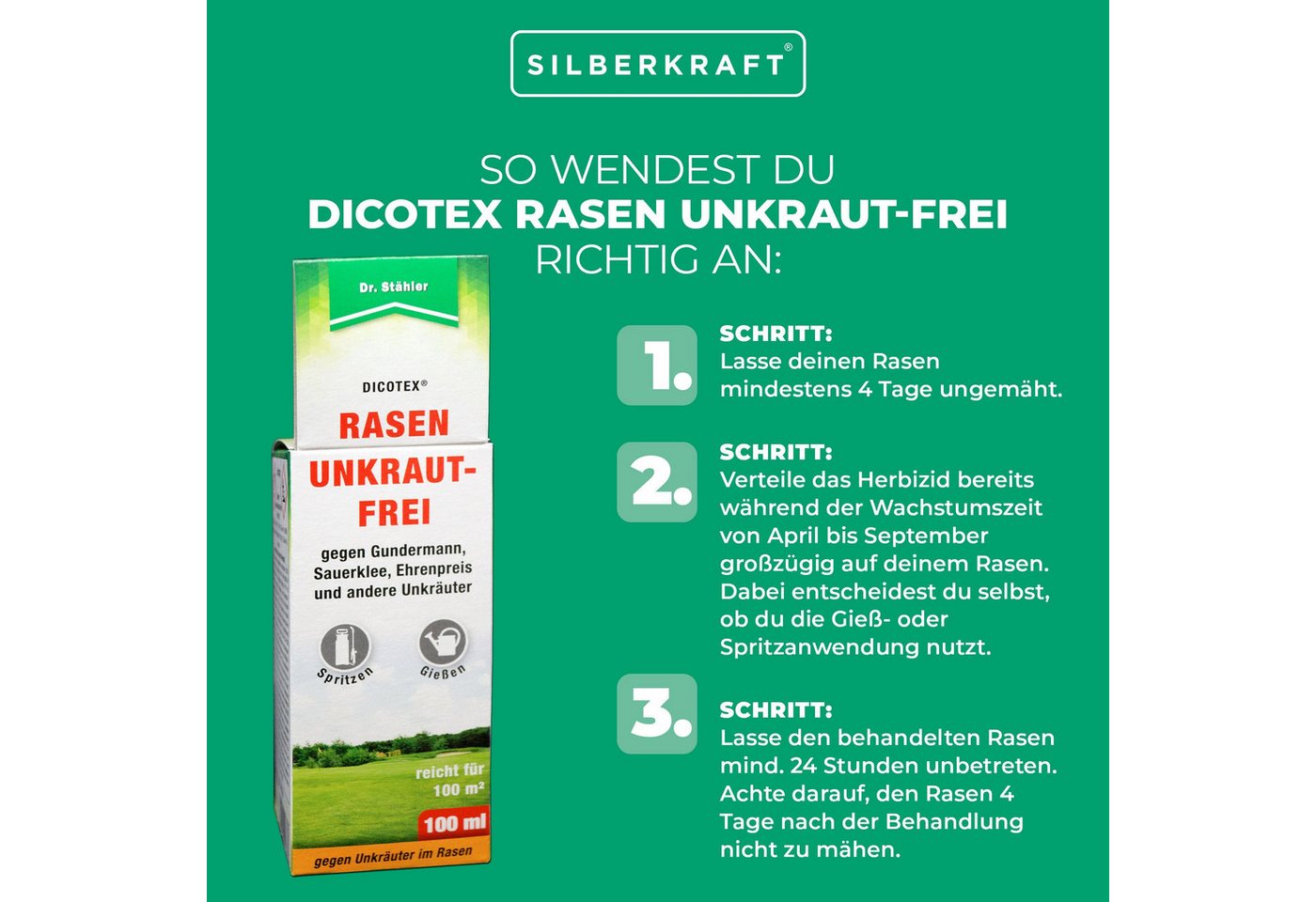 Thumbnail - Silberkraft Unkrautbekämpfungsmittel Dicotex Rasen Unkraut-Frei: Effektives Herbizid für makellosen Rasen, 500 ml, Konze...