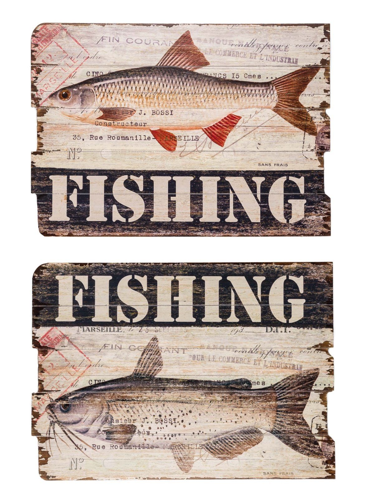 Aubaho Holzbild 2x Bild Wandtafel Tafel Fishing Holzbild Wandbild Fischfang Angler ang