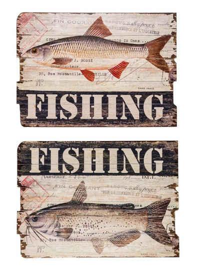 Aubaho Holzbild 2x Bild Wandtafel Tafel Fishing Holzbild Wandbild Fischfang Angler ang