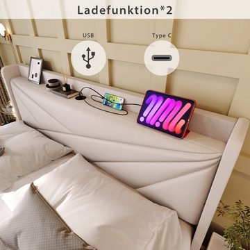 Ulife Polsterbett Doppelbett Stauraumbett mit USB /Typ C, Ladefunktion, Leinen, 90 × 200 cm