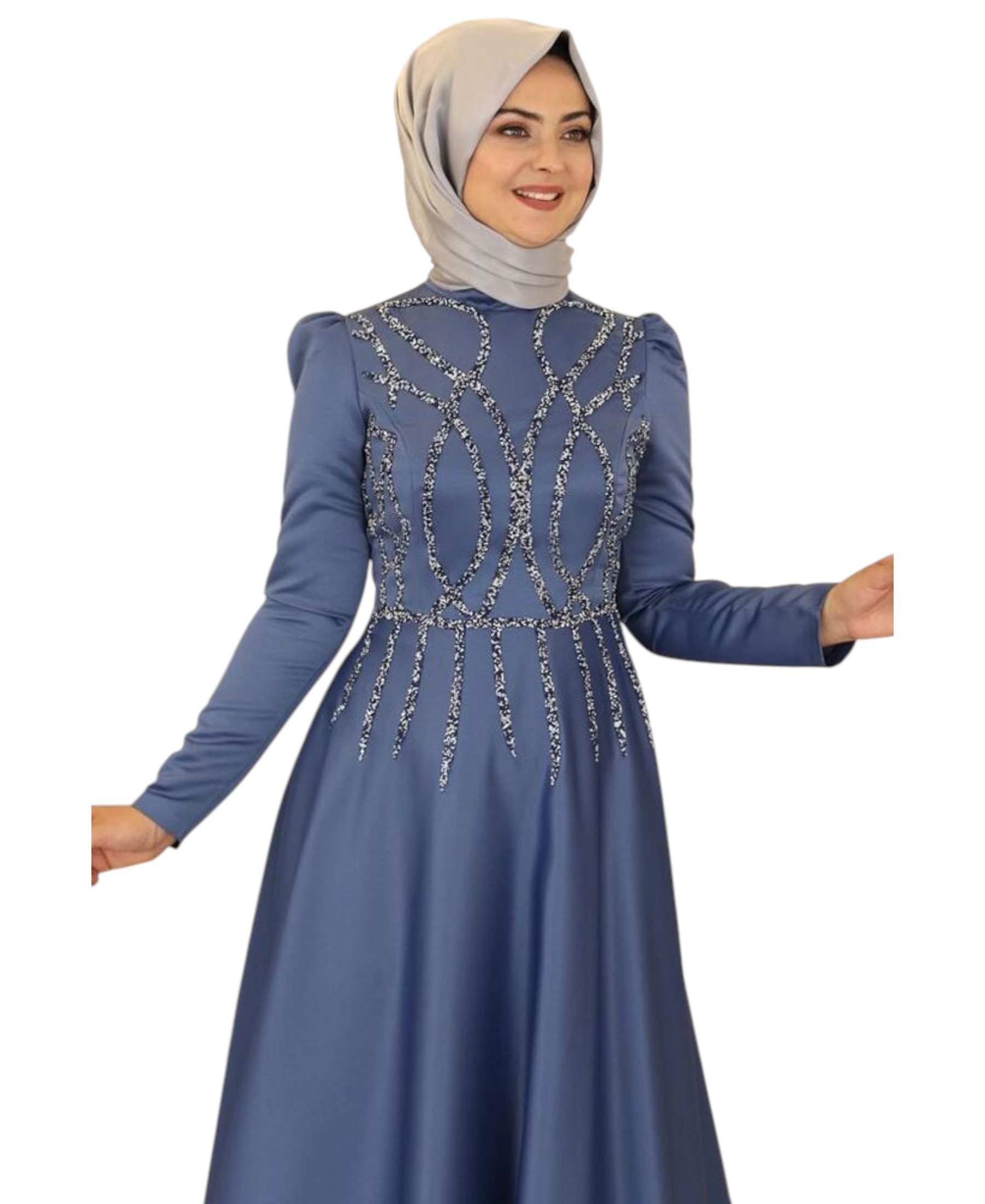 fashionshowcase Satinkleid Maxikleid in Satinoptik mit Schmucksteinbesatz - Modest Fashion Abiye Vollbedeckend und Langärmelig