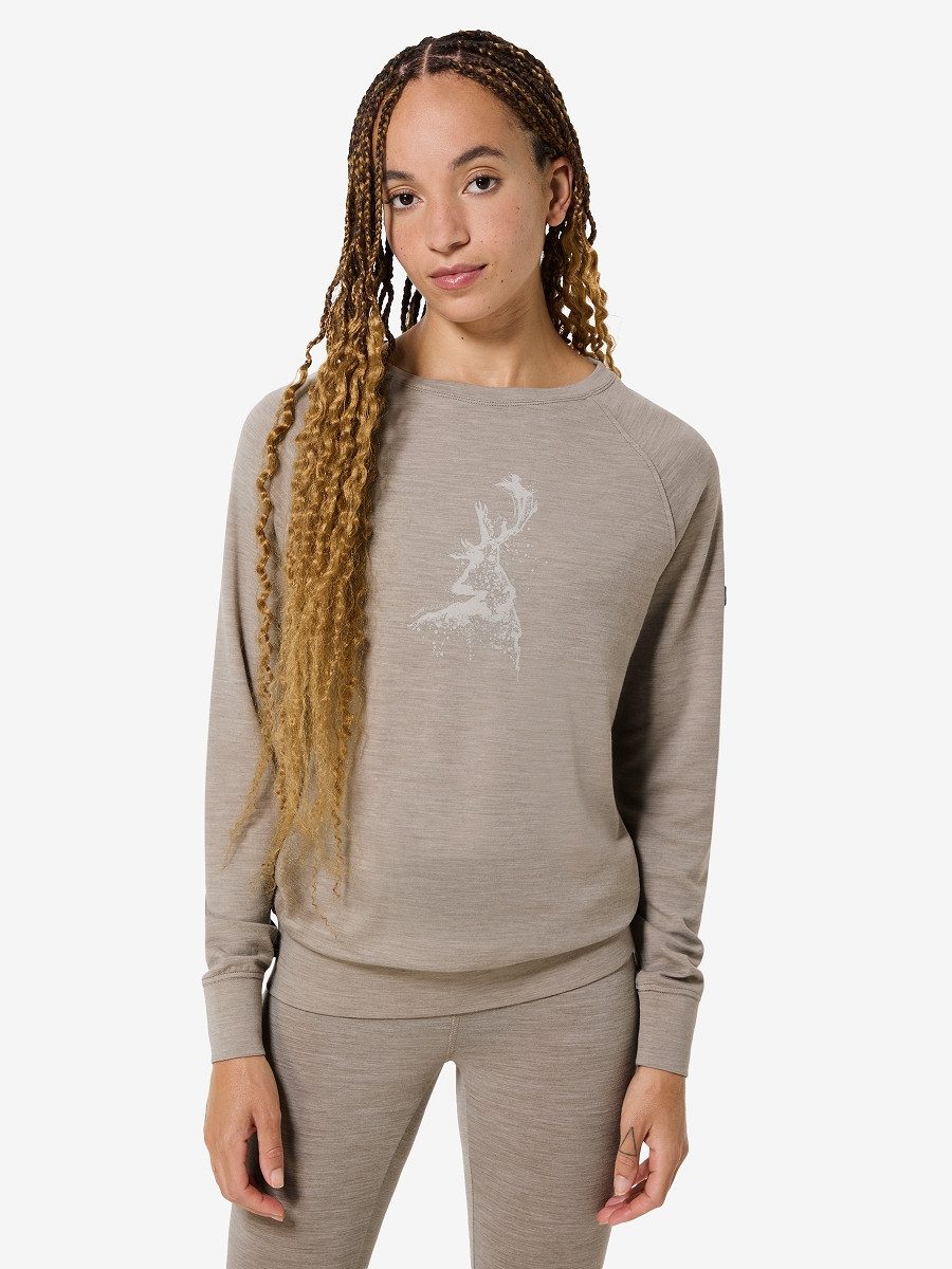 SUPER.NATURAL Langarmshirt für Damen, Merino W CHARMING DEER BRUSH LS mit Tier-Motiv, atmungsaktiv