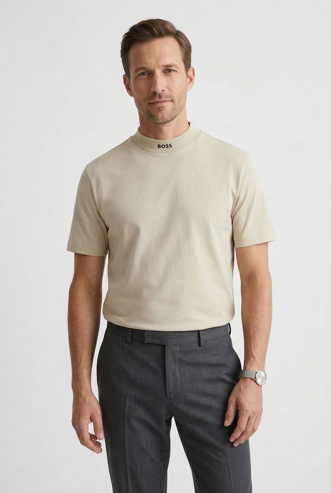 BOSS GREEN T-Shirt Tee Collar Relaxed Fit Stretch Jersey Baumwolle, Logo Centered, Rundhals
