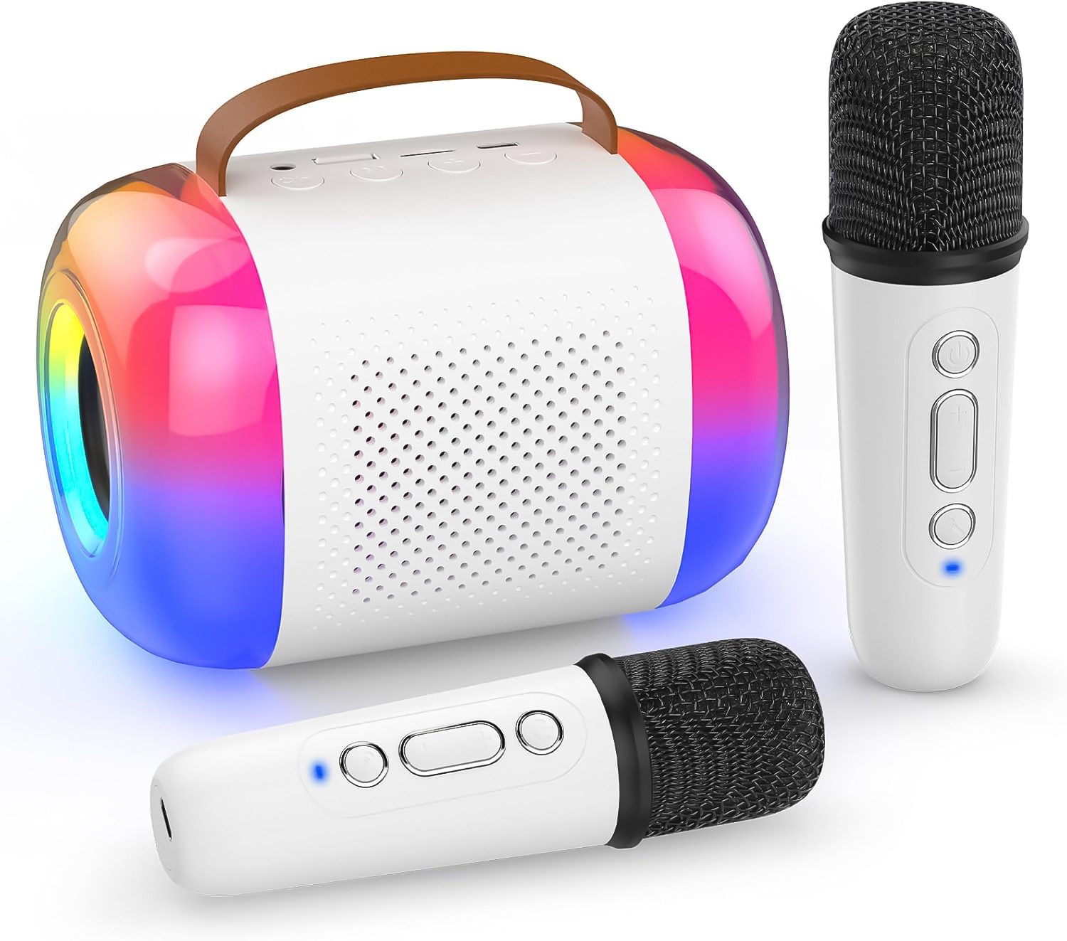 Pdgrid Tragbare Mini mit Led-Lichtern,Stimmwechsel-Effekt,2 Mikrofonen Karaoke-Maschine (Kabellose Geschenk füR MäDchen Jungen)