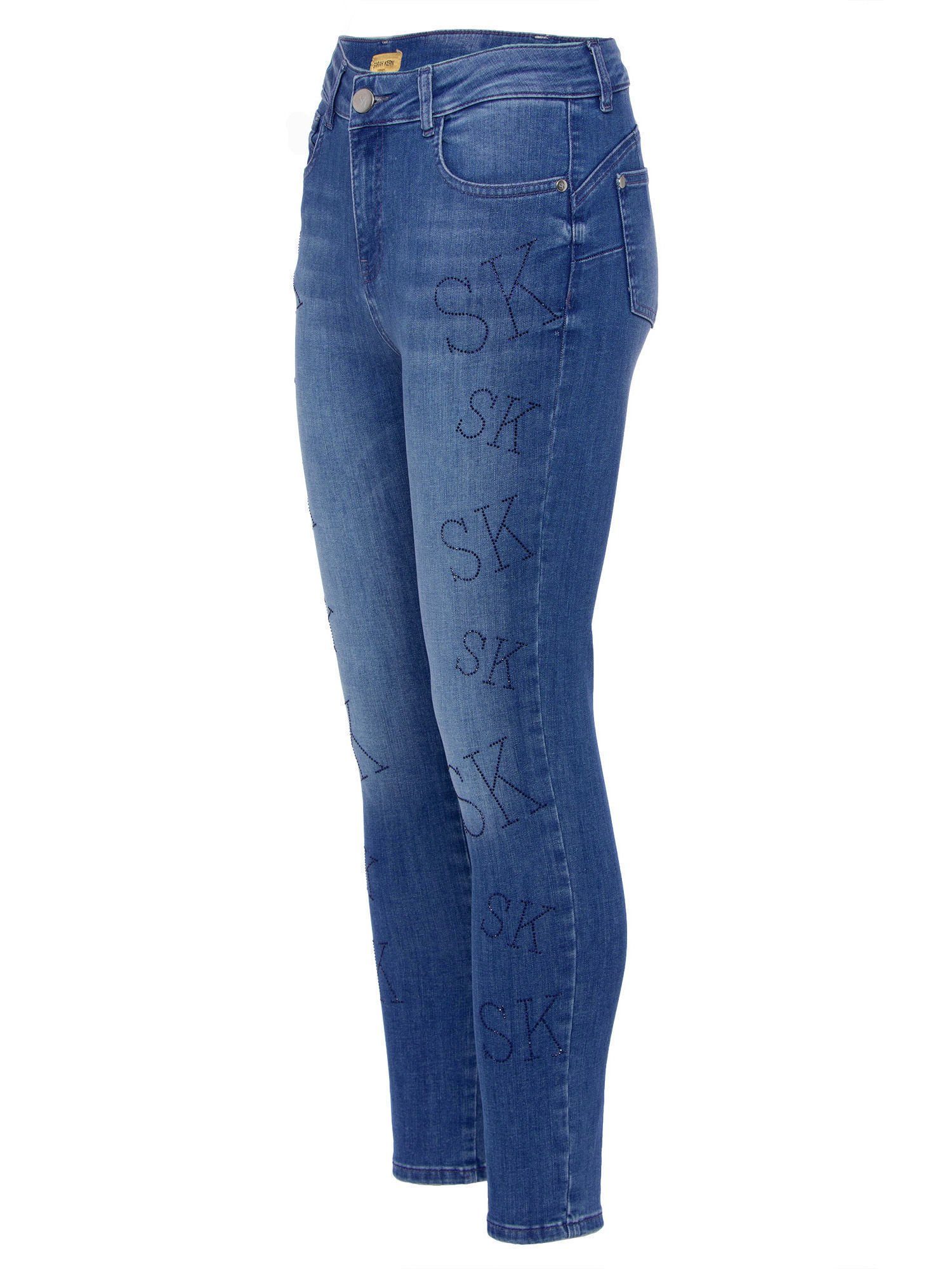 Sarah Kern Skinny-fit-Jeans Röhren-Denim figurbetont mit Strasssteinverzierung