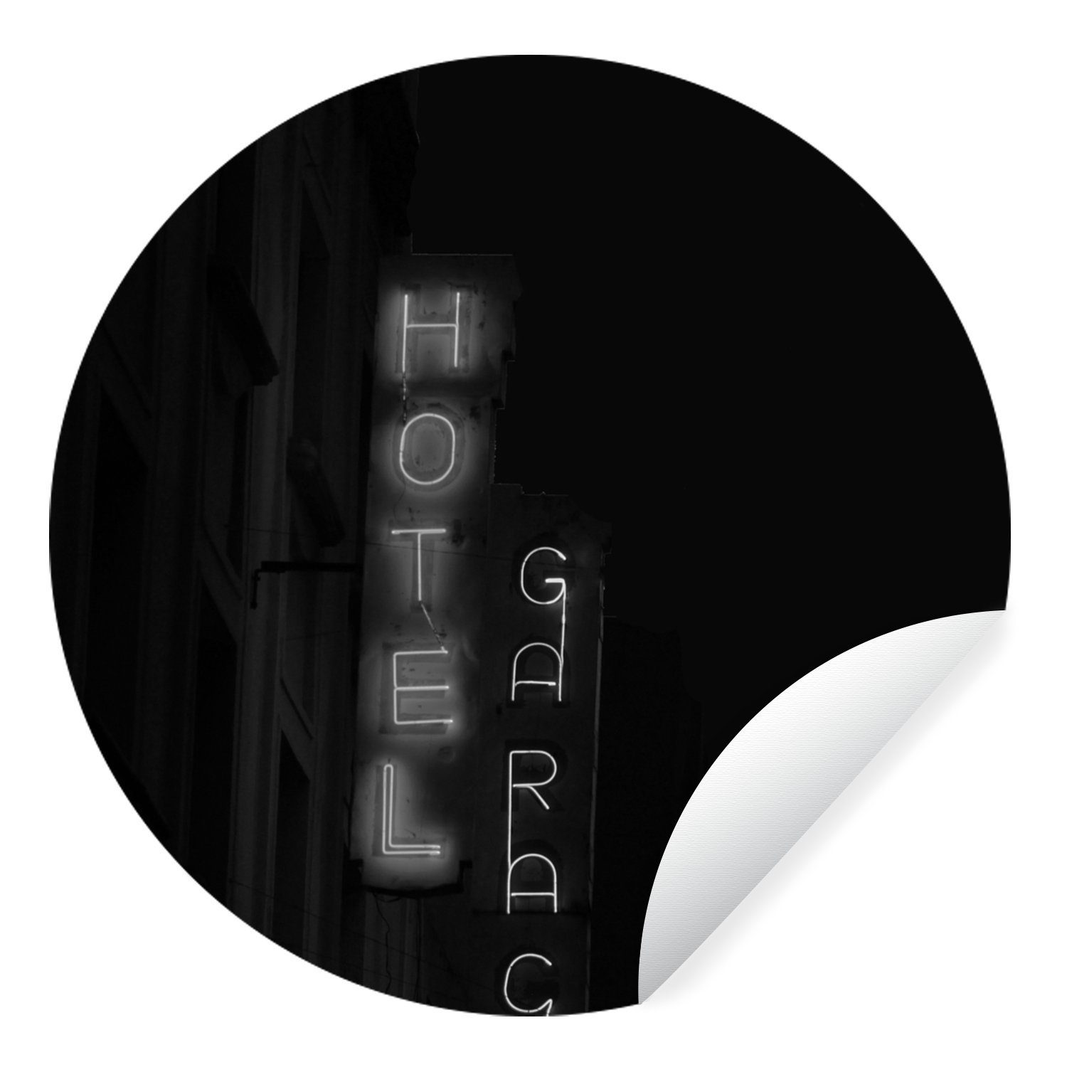 MuchoWow Wandsticker Neonlichter eines Hotels im Film noir (1 St), Tapetenkreis für Kinderzimmer, Tapetenaufkleber, Rund, Wohnzimmer