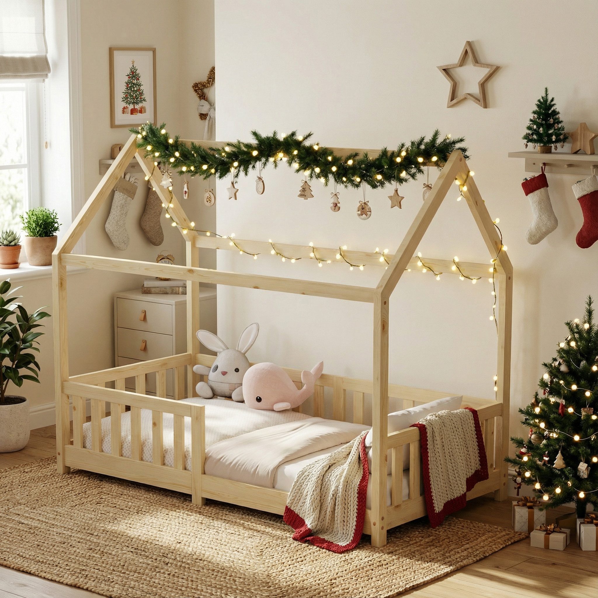 Kinderbett Hausbett, Rausfallschutz, Lattenrost, 90x200 & 80x160, Weiß & Natur