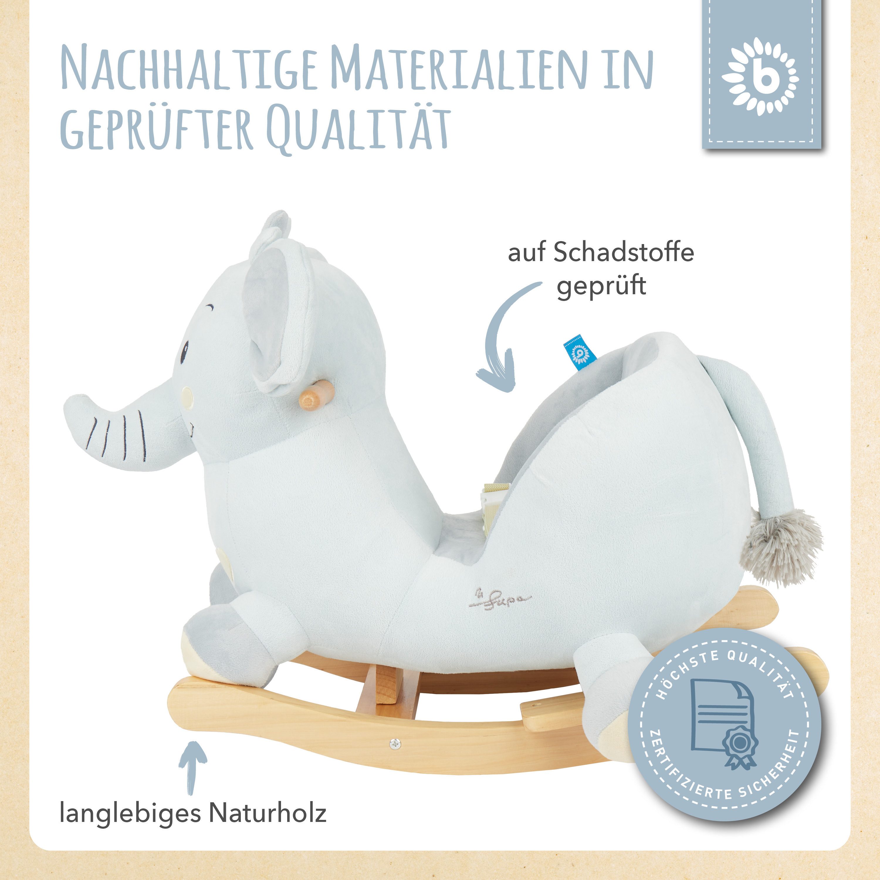 BIECO Schaukeltier Schaukelpferd Elefant aus Plüsch & Holz – Wippe ab 9 Monaten