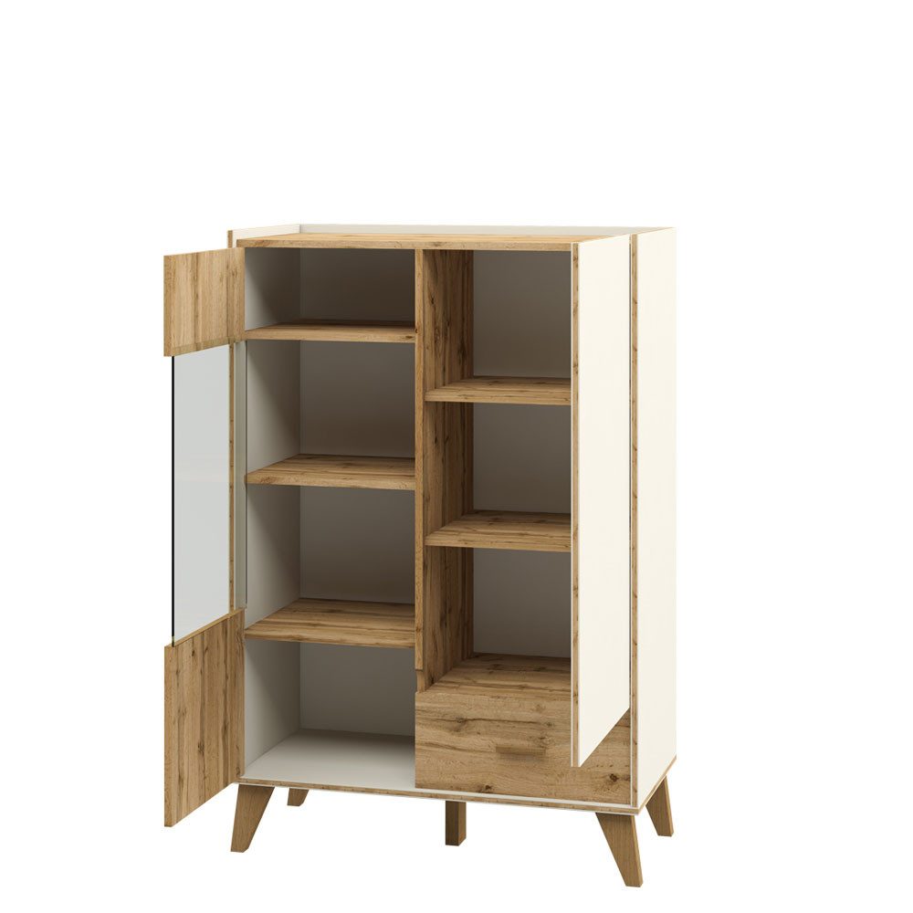 Feldmann-Wohnen Highboard Skandi (mit Türen, mit Einlegeböden, mit Glaseinsatz, 1 St., moderne Optik, mit Türen, mit Einlegeböden, mit Glaseinsatz), 81x40x132cm weiß / Eiche Wotan 2-türig