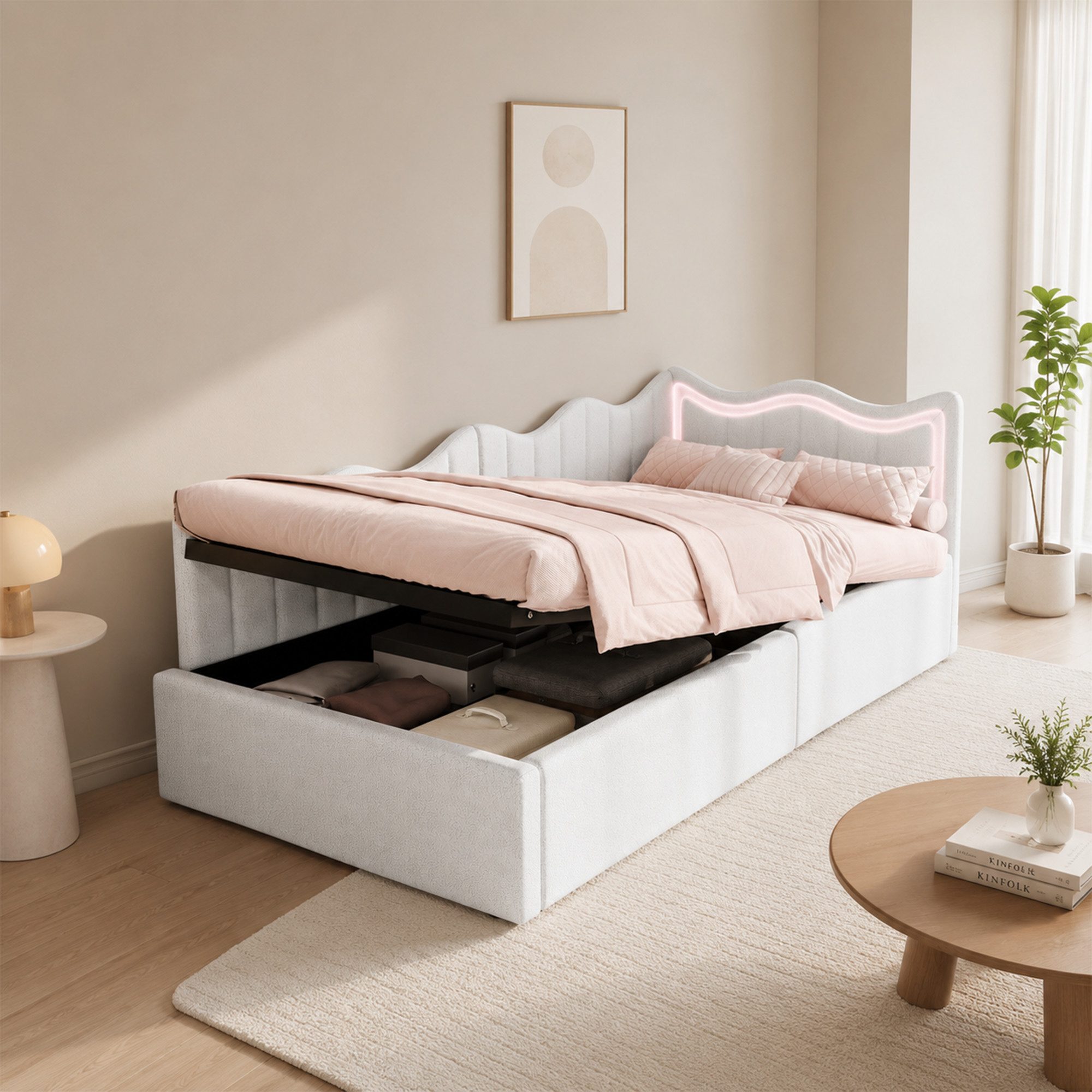 Simurq Stauraumbett Polsterbett 90x200 mit LED-System, Einzelbett mit Bettkasten (hydraulischer Stauraumbett Rahmen, Kinderbett, Lattenrost aus Holz), bett 90x200 mit stauraum, Einzelbett, Jugendbett
