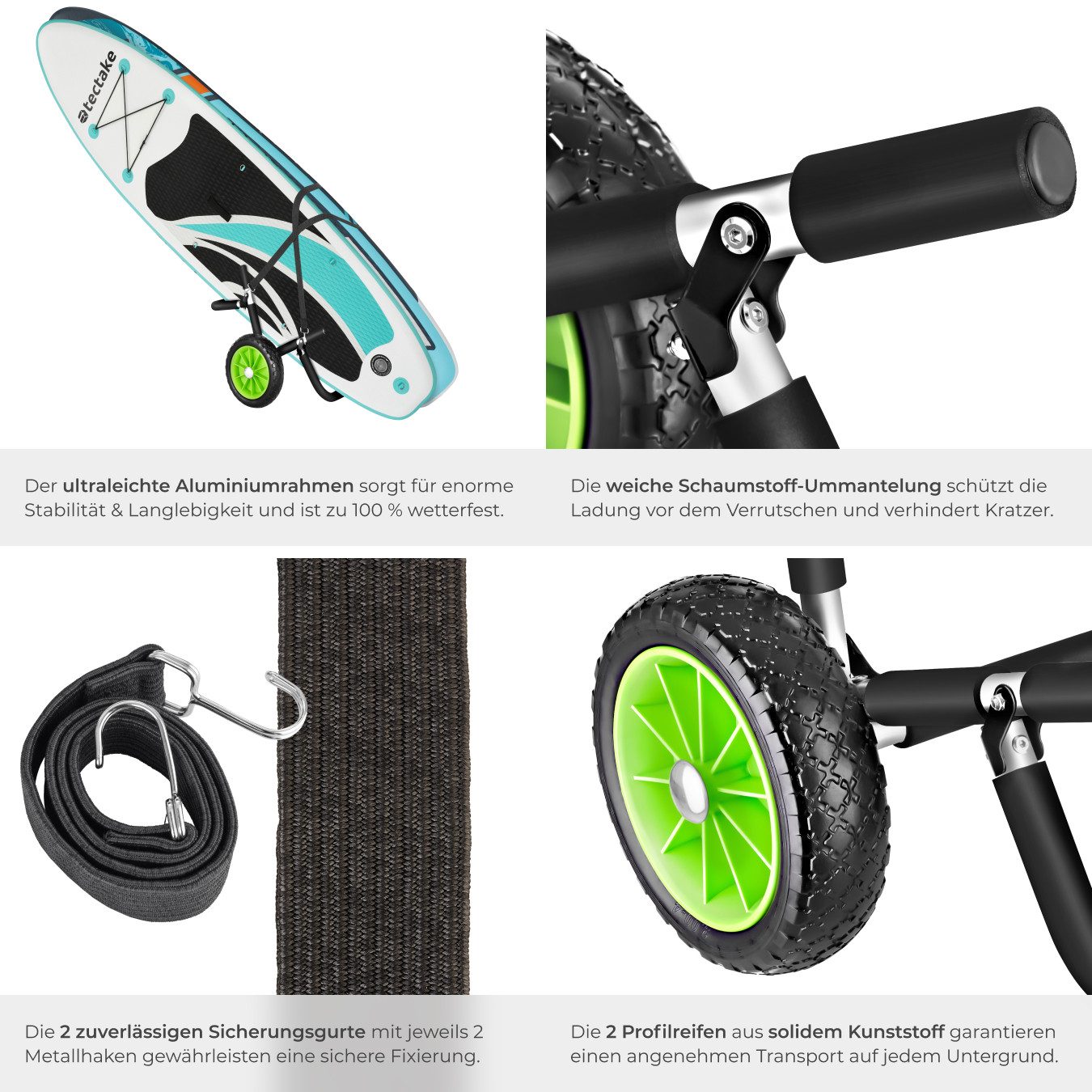 tectake SUP-Transportwagen Surfboard Transportwagen klappbar, 62 x 53 x 49 cm, (Paddel Board Transportwagen WaveWheel, inkl. 2 Sicherungsgurte in schwarz/grün), – Bild 5 von 5