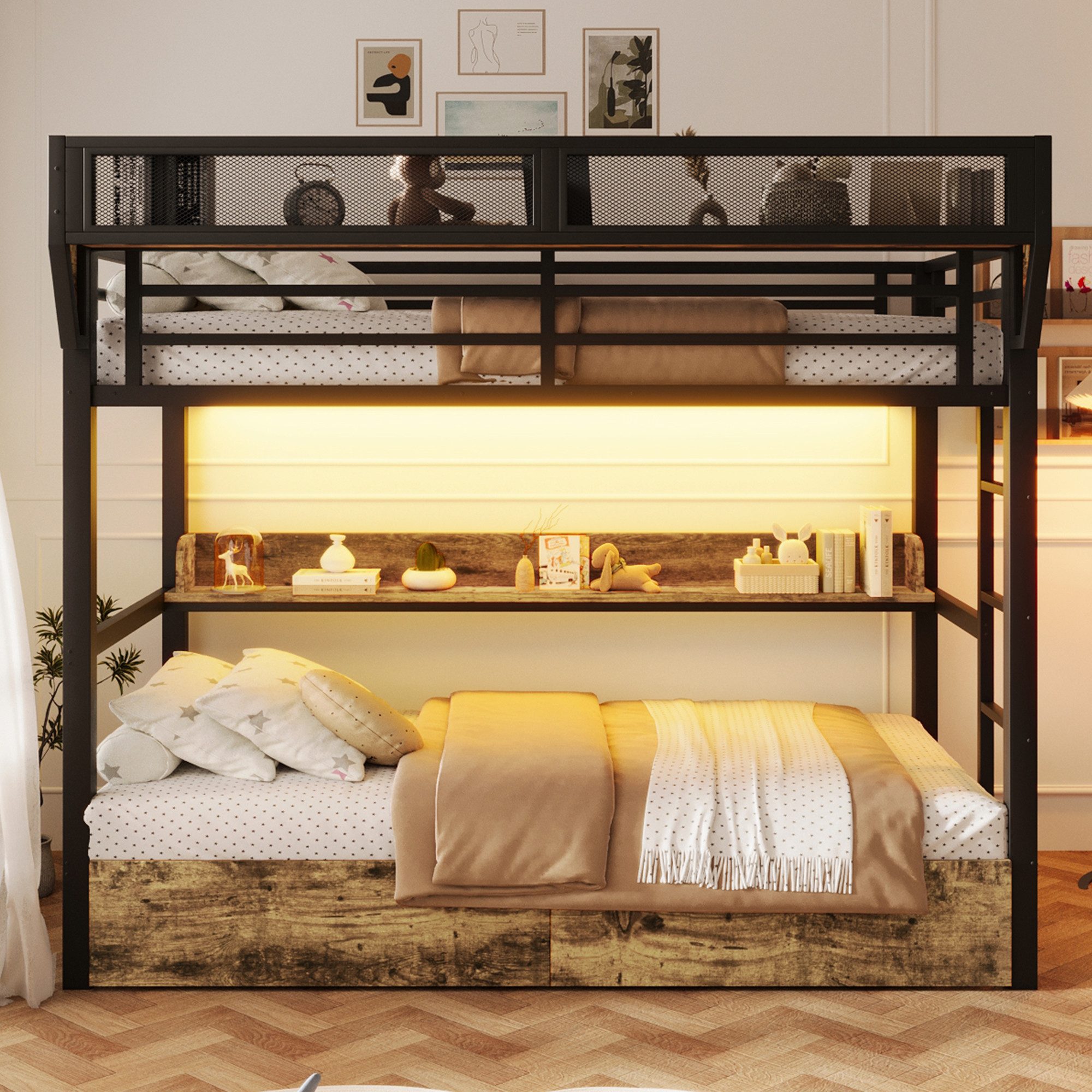 Flieks Etagenbett, Metallbett 90x200cm mit Schubladen LED-Beleuchtung Aufbewahrungskorb