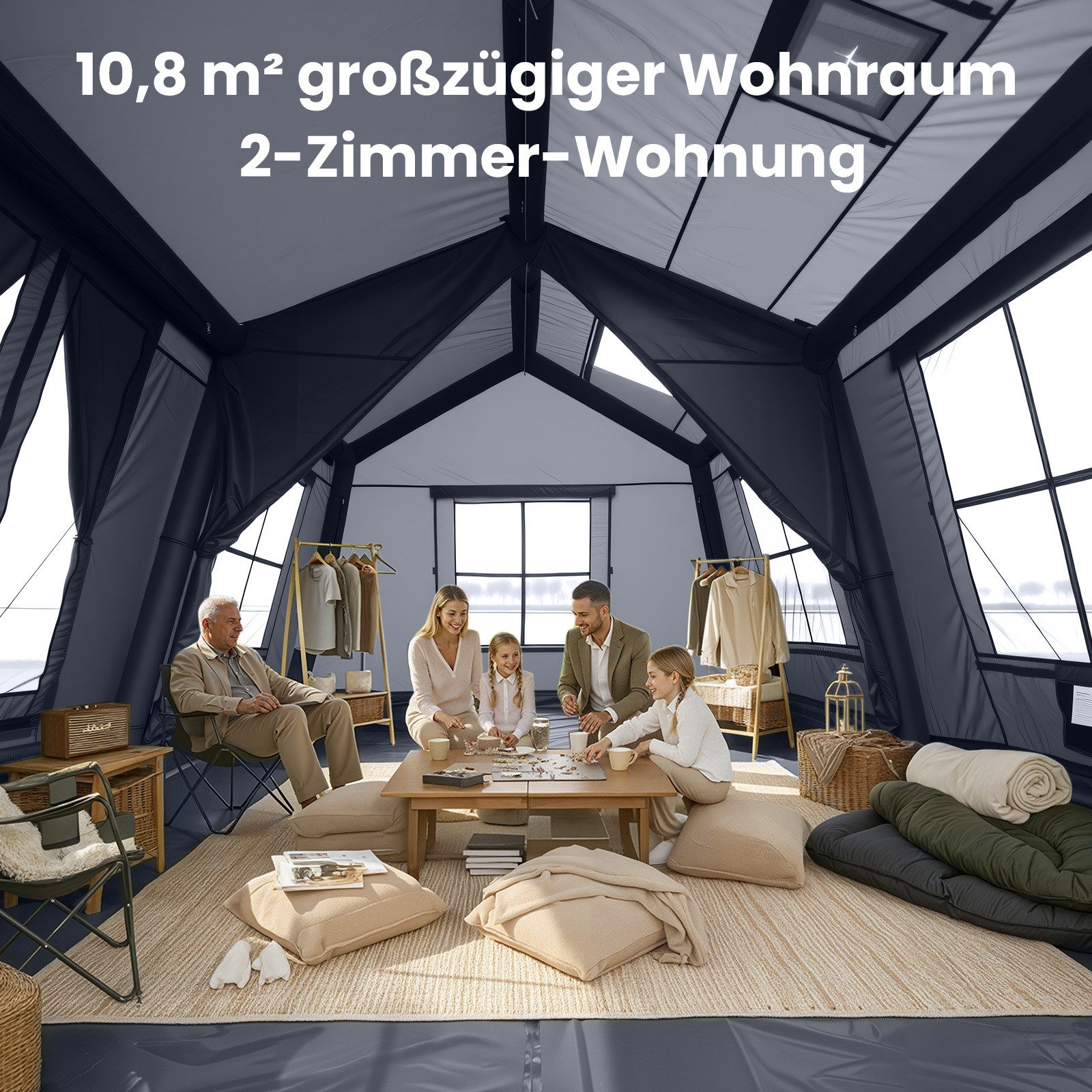 Meulbaty aufblasbares Zelt Air Glamping Zelte, Gampingzelt aus wasserdichtem Oxford-Stoff, Personen: 8 (1 tlg), mit aufrollbarem Trennvorhang & 4 großzügigen Belüftungsfenstern