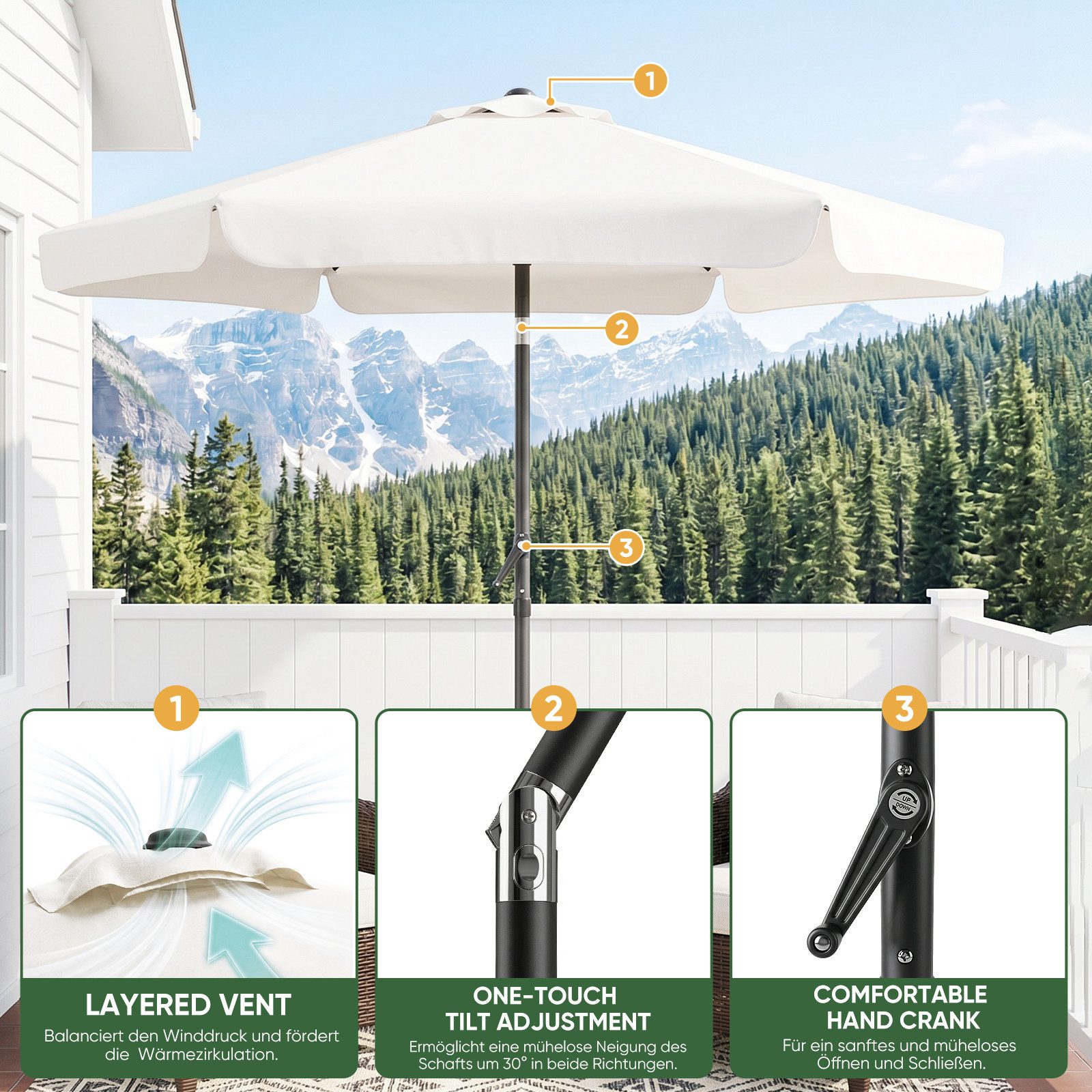 Sekey Sonnenschirm 200 cm Gartenschirm Rund Marktschirm Knickbar mit Kurbel, LxB: 200x200 cm, mit Überhang, Windstabil & neigbar, ideal für Balkon, Garten, UV 50+