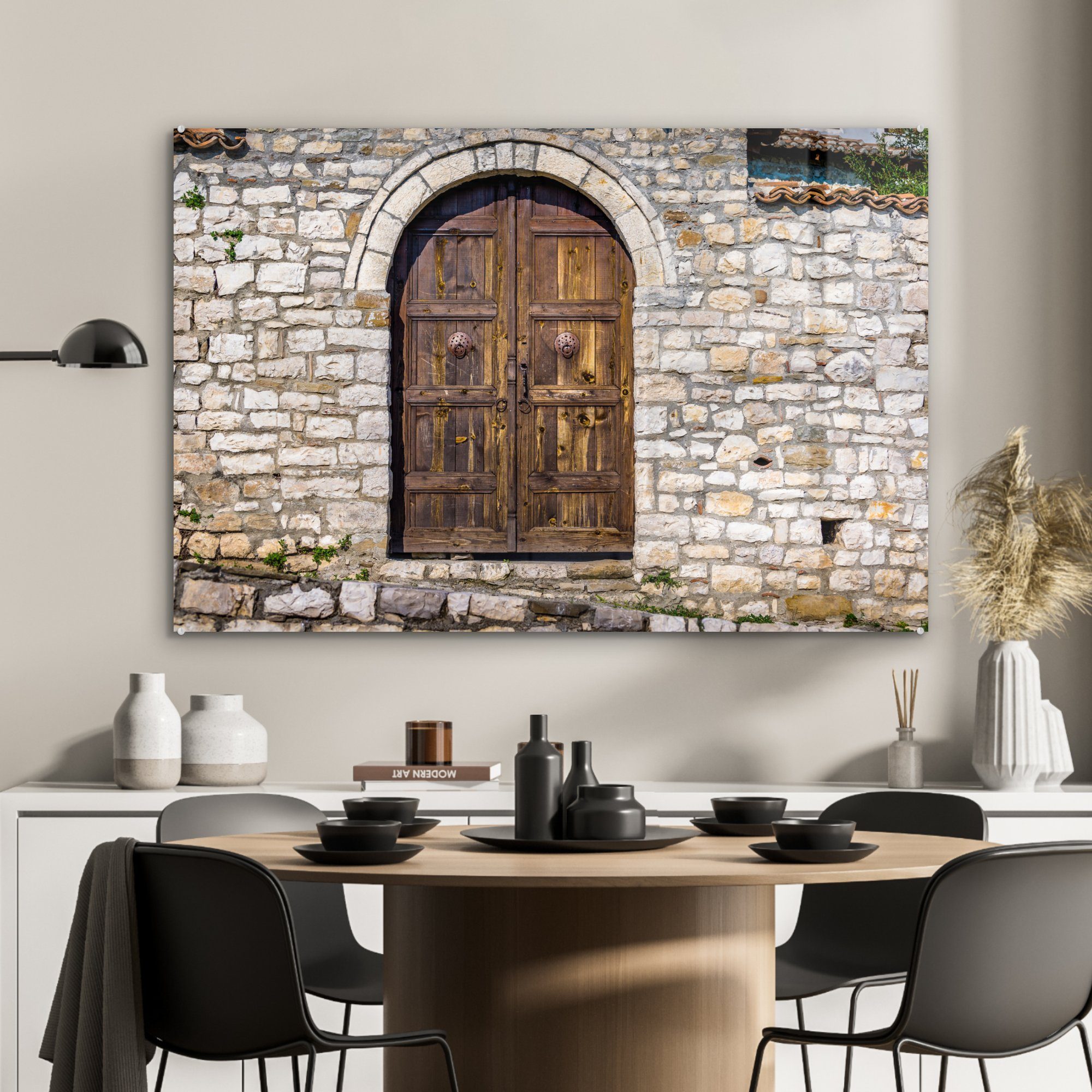 an Acrylglasbilder einer Steinmauer, & St), Schlafzimmer Wohnzimmer (1 Acrylglasbild Holztür MuchoWow