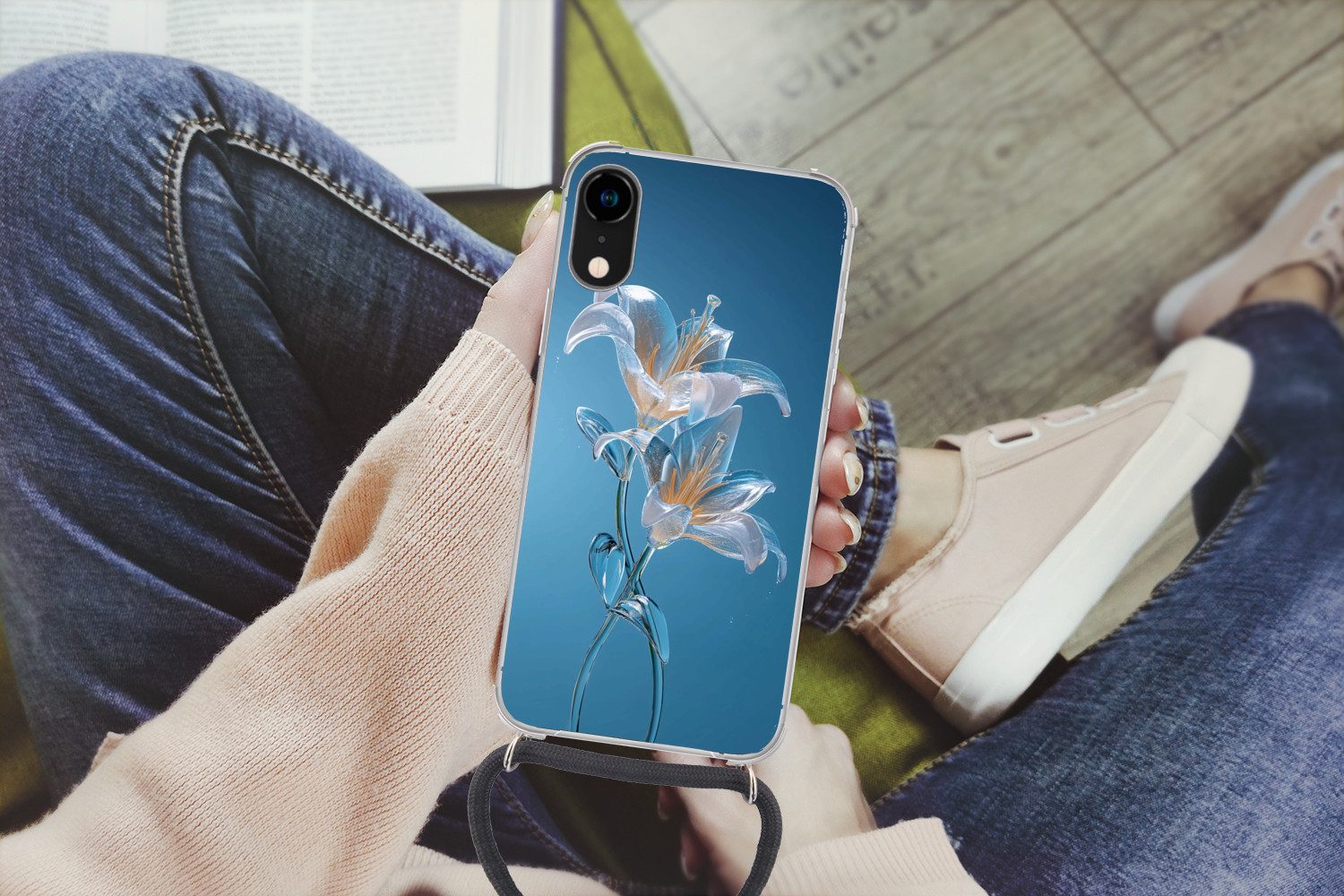MuchoWow Handyhülle für Apple iPhone XR Lilien - Blau - Gläser, Tragbare Handyhüllen mit Kette zum umhängen, Handykette Handyband