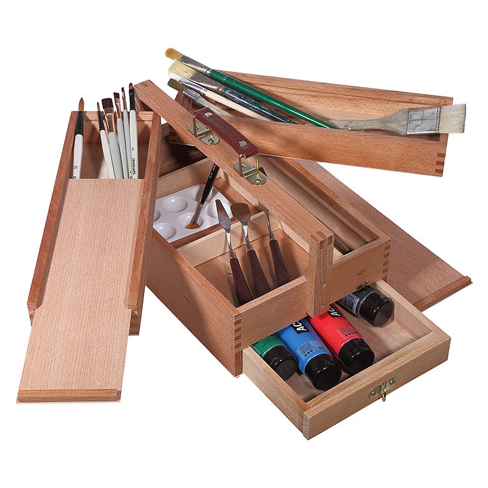 Artina Aufbewahrungsbox Malkasten Vannes, Malkoffer mit 4 Staufächern, 39x23x17,5 cm, Utensilienbox, Holzkoffer,Bastelkoffer mit Tragegriff - Nähkasten