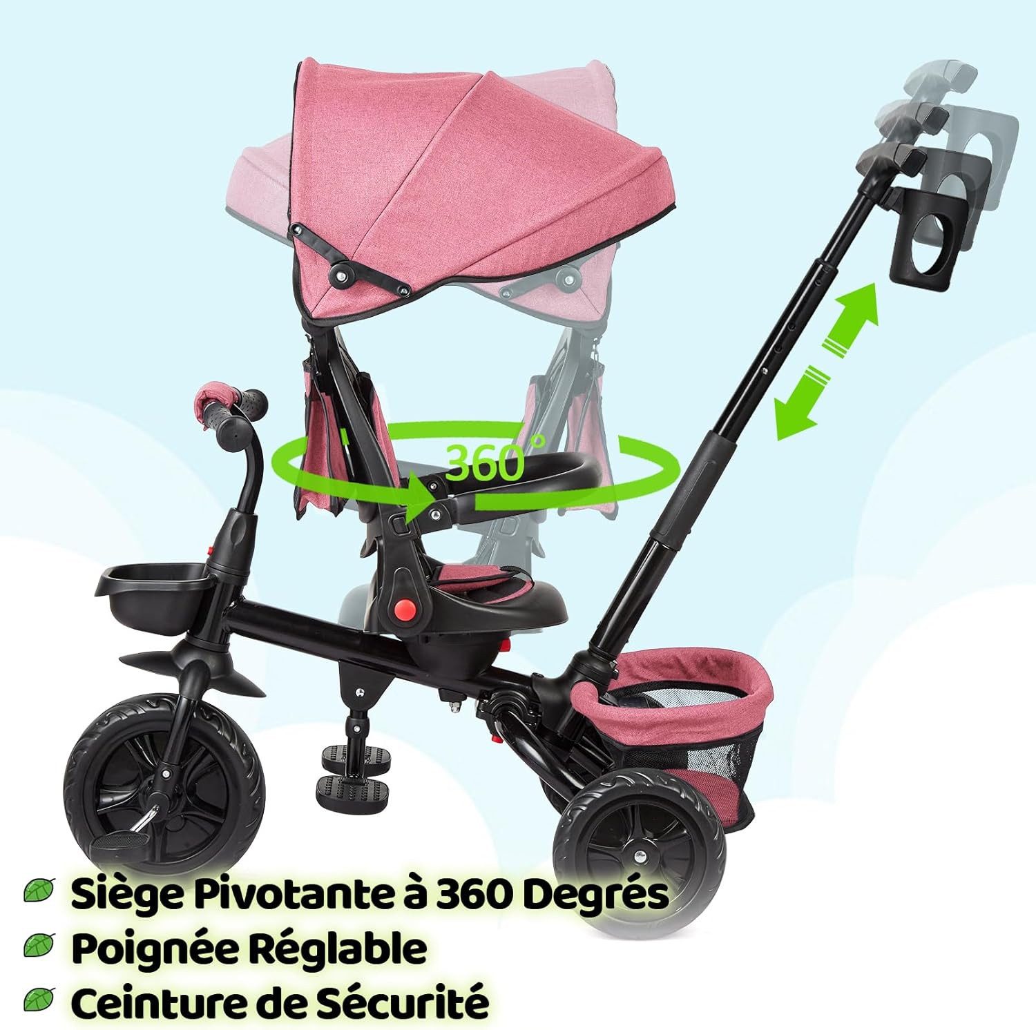 GarveeMore Dreirad 6-in-1 Baby Dreirad: Schubstange + Klappverdeck, Faltbar günstig online kaufen