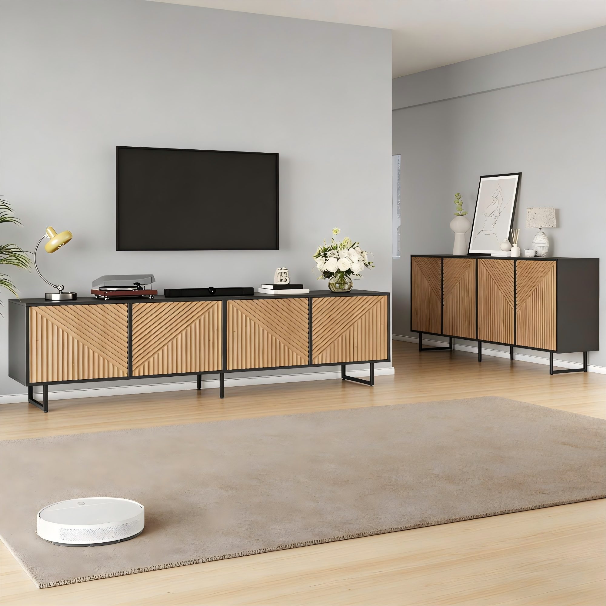 KLAM HOME Wohnwand 2-tlg. Wohnzimmer Set: TV-Schrank + Sideboard Naturholz+Schwarz, (TV-Schrank + Sideboard Set für 80-Zoll-Fernseher), Wohnzimmermöbel Set Holz+Schwarz, 2-teilig